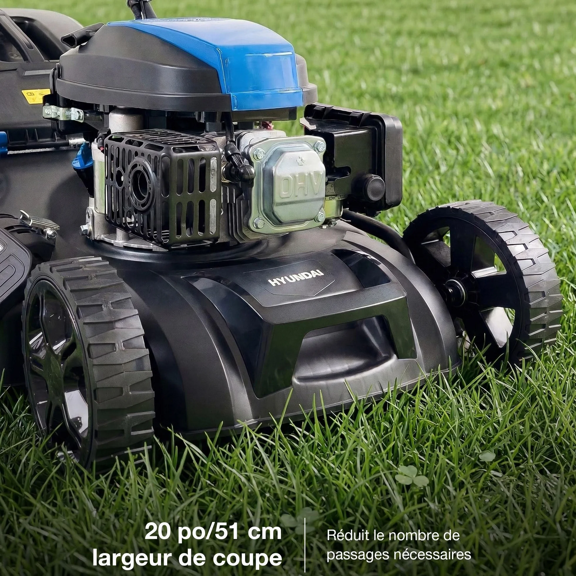 Hyundai Tondeuse à Gazon Thermique 51 cm Autotractée Démarrage Électrique Moteur 4-Temps 196 CC 4-en-1 Mulching Bac 60 L