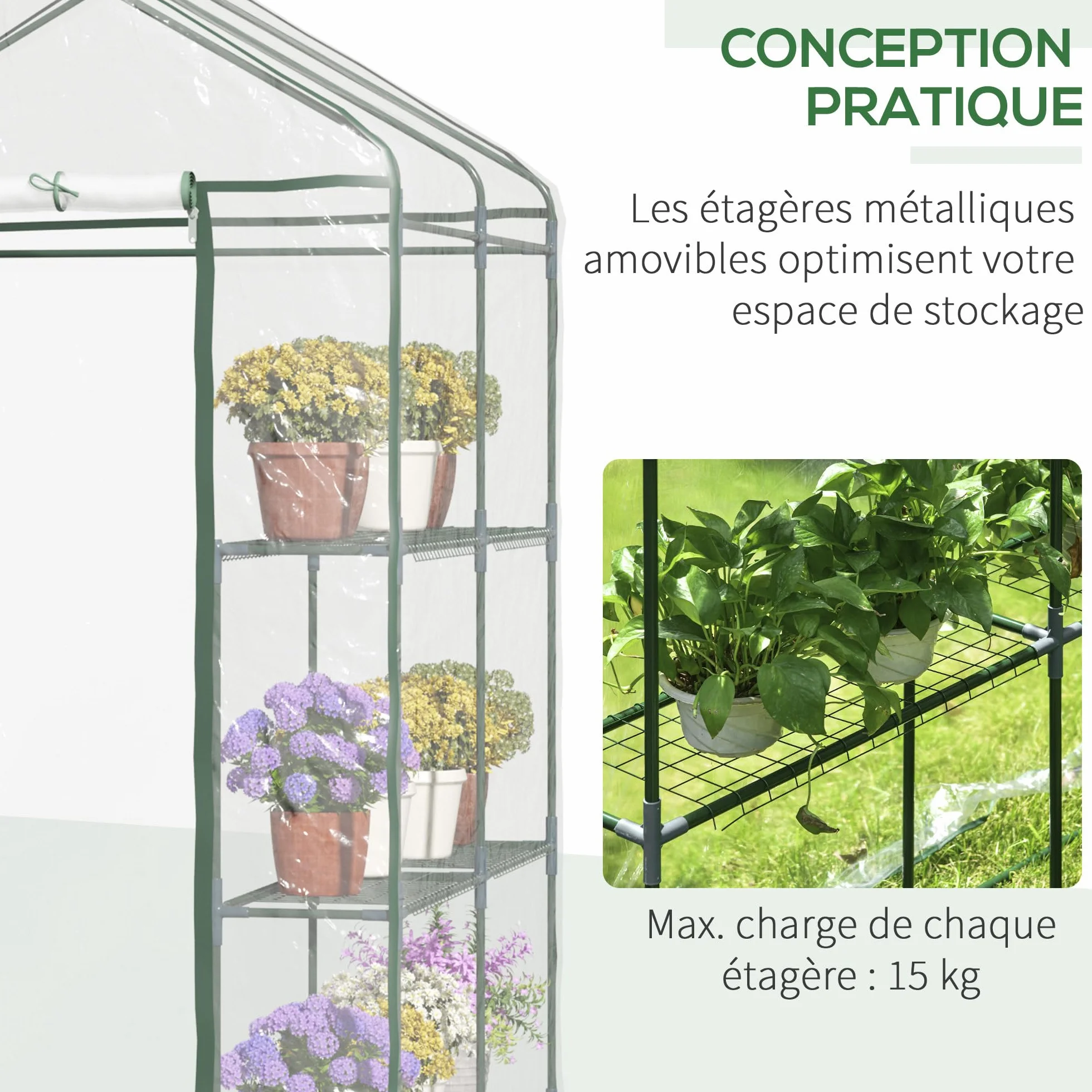 Outsunny Serre de Jardin 3 Niveaux avec étagères, Châssis en Acier, Porte zippée Enroulable, 143x143x195cm