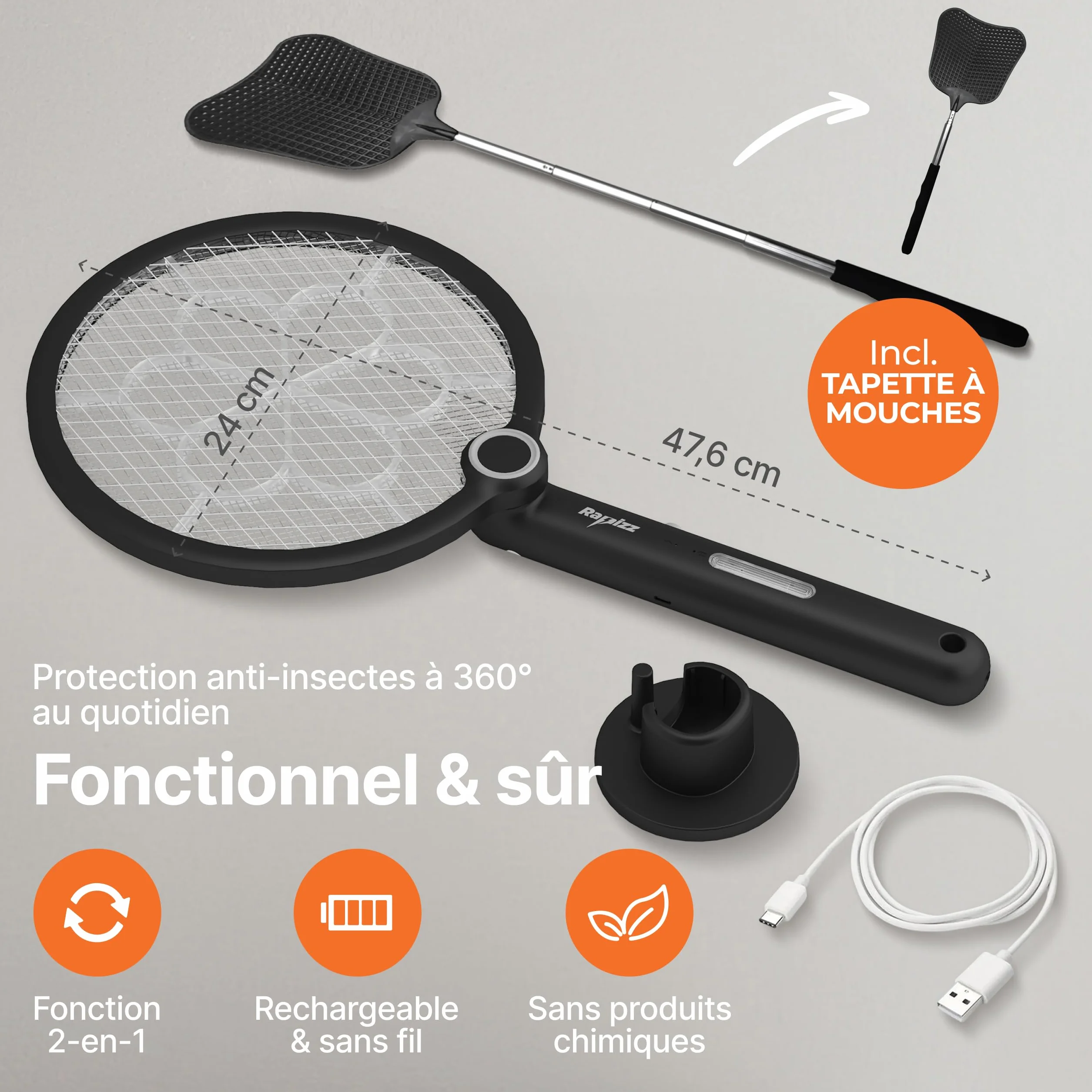 RAPIZZ Raquette Electrique Insectes Rechargeable 3 en 1 Tapette à Moustiques Mouche Électrique