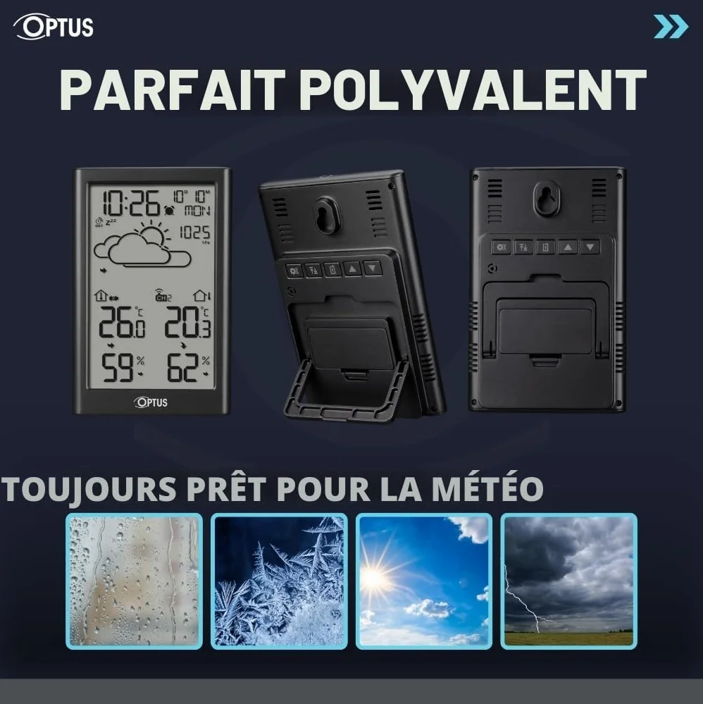 Station météo sans fil Optus avec capteur extérieur, horloge DCF, alerte gel, noir