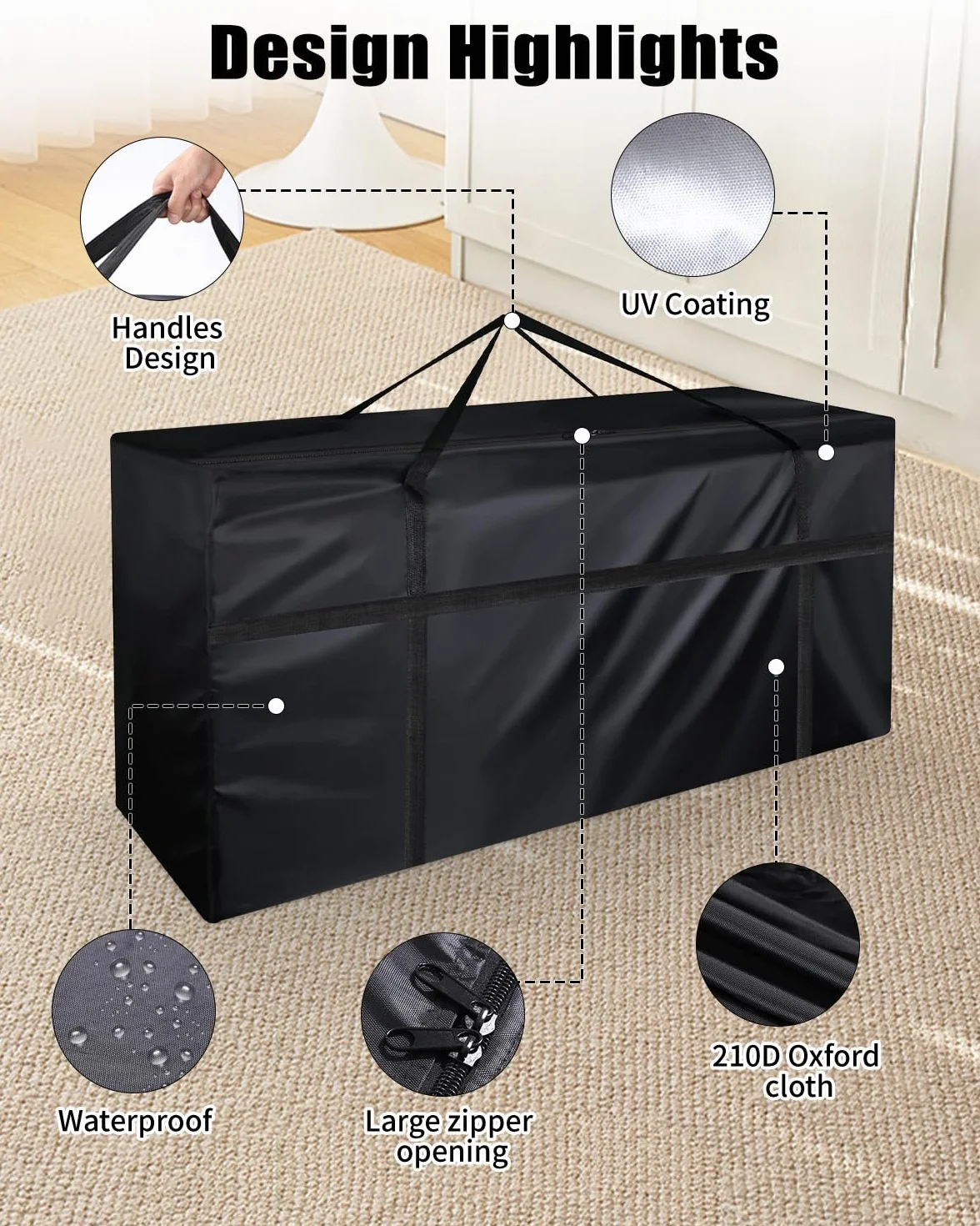 Lot de 2 grands sacs de rangement en tissu Oxford 210D imperméables résistants aux UV 122 x 39 x 55 cm noir