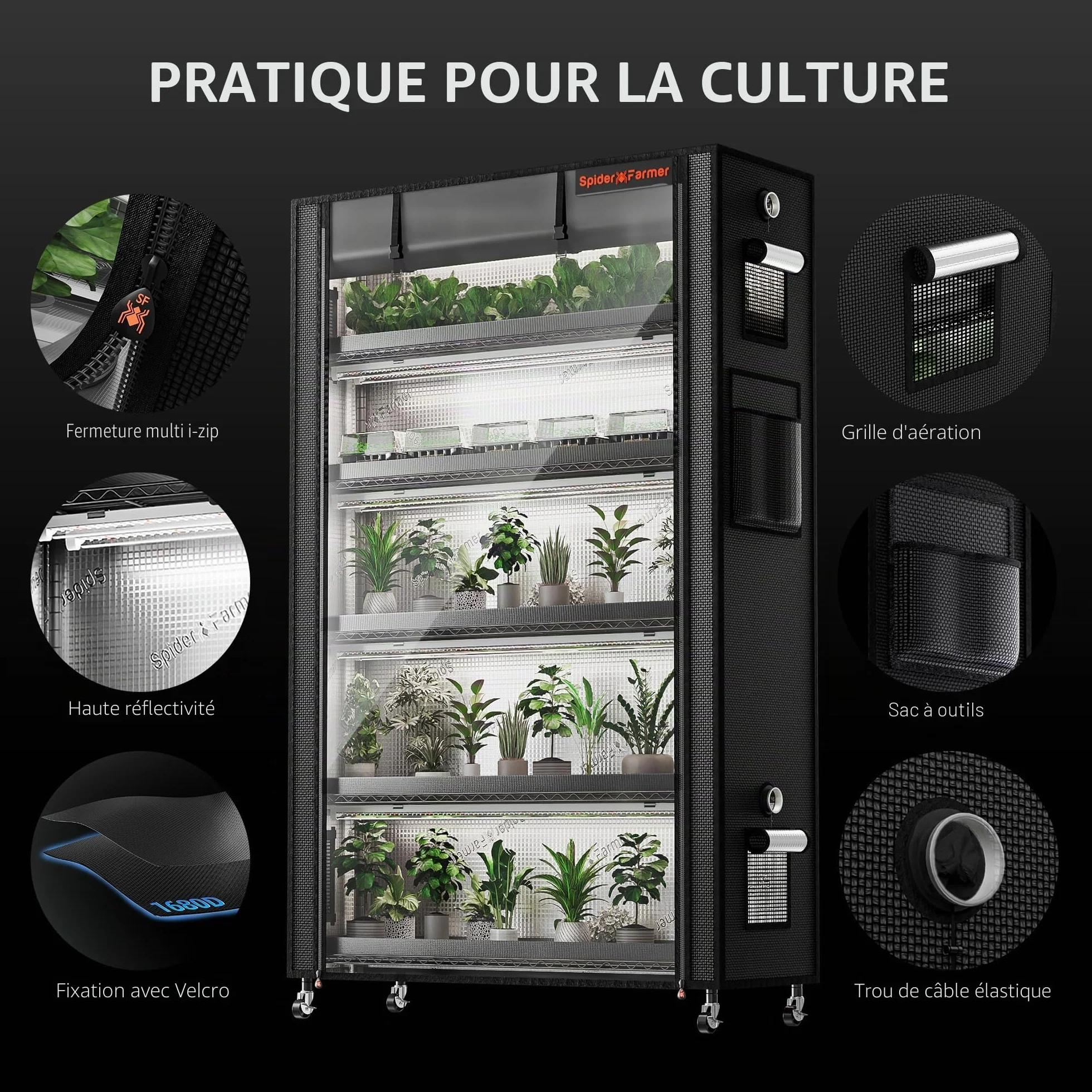 Spider Farmer Support pour plantes 6 étages réglables 220 W LED spectre complet Kit serre Métal noir 110 x 40