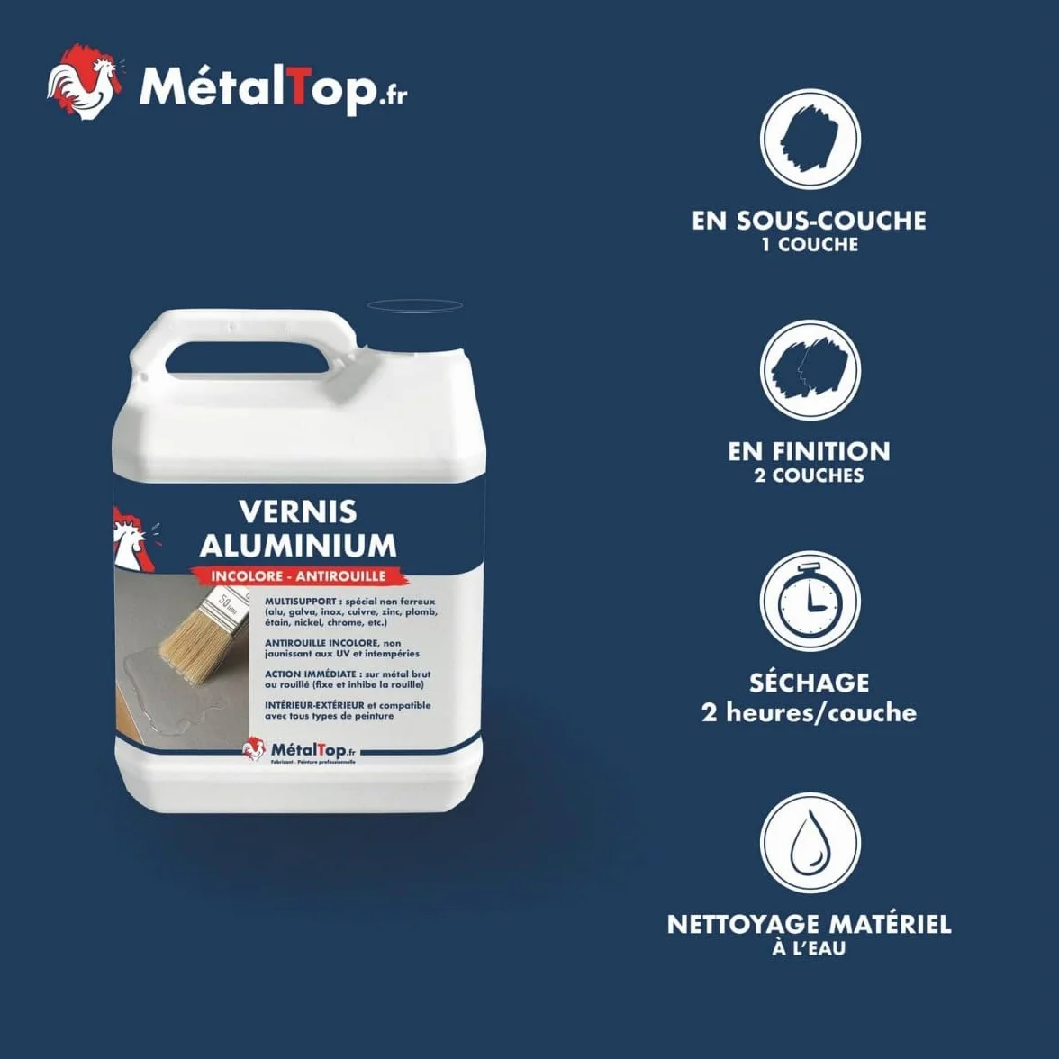 Metaltop - Vernis Aluminium - Bombe 400 ml - Pour une bonne adhérence sur l'aluminium, l'inox et le zinc