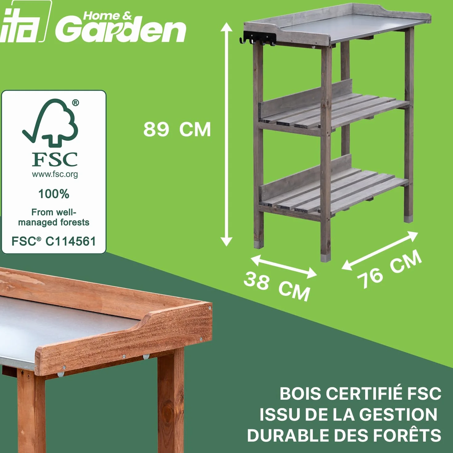 ITA Table de Plantation en Bois 76x38x89 cm avec Plan de Travail galvanisé et étagère inférieure 3 étages