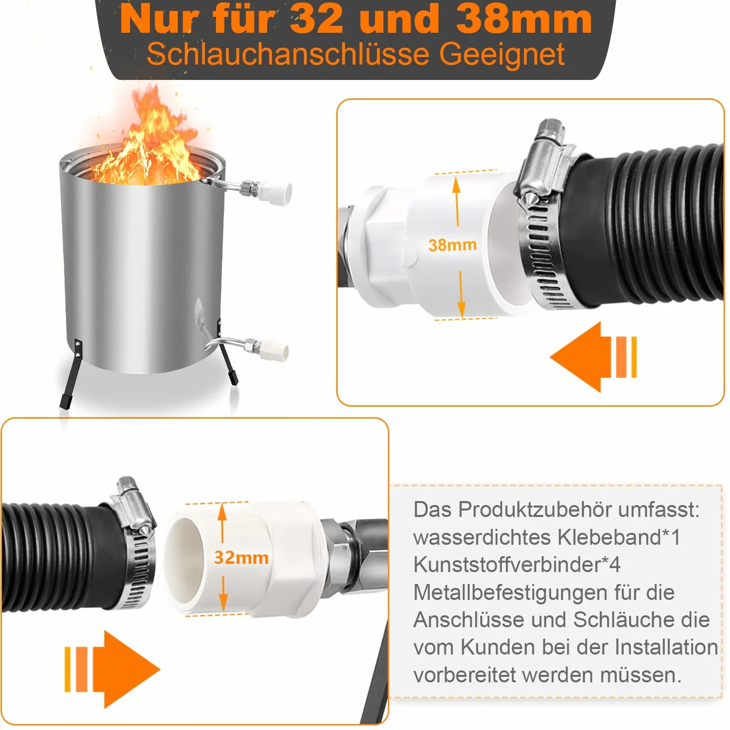 Gimisgu Chauffage de Piscine avec Feu Réservoir à Feu Seau en Acier Inoxydable Raccords 32/38mm