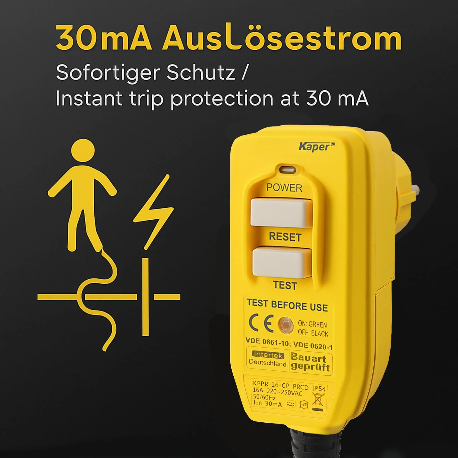 Kaper PRCD Prise de Protection Personnelle, 16 A, 230 V, IP54, Disjoncteur FI Portable avec Courant de Déclenchement de 30 mA, Étanche pour Chantier, Jardin, Camping et Atelier
