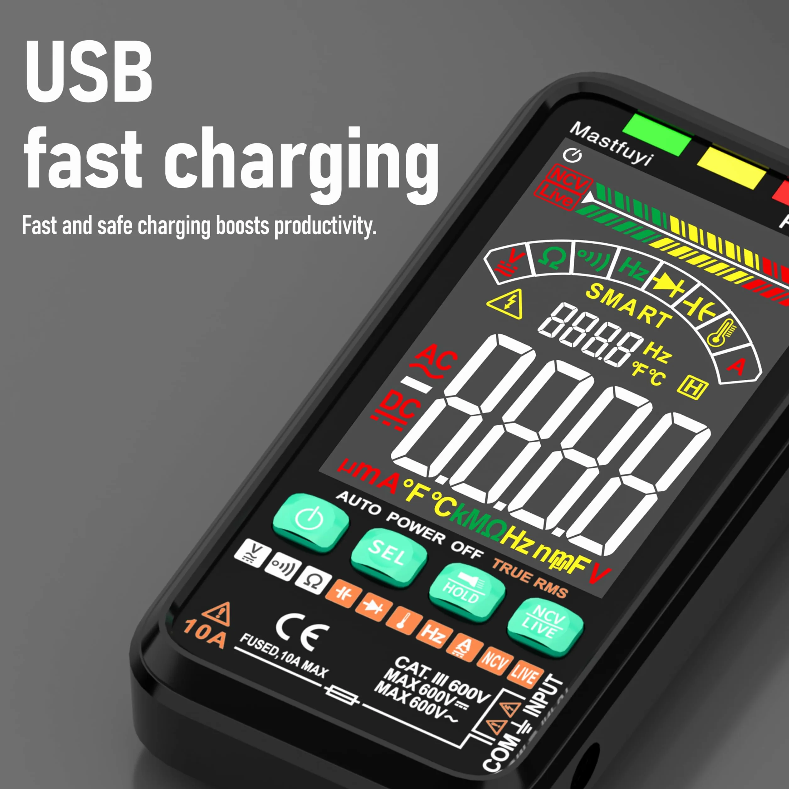 Multimetre Numérique, Testeur Électrique Rechargeable, Testeur Multiple Intelligent NCV, TRMS 6000, Protection Contre les Surcharges, Gamme Automatique, Capacité, Continuité, Fréquence, Résistance
