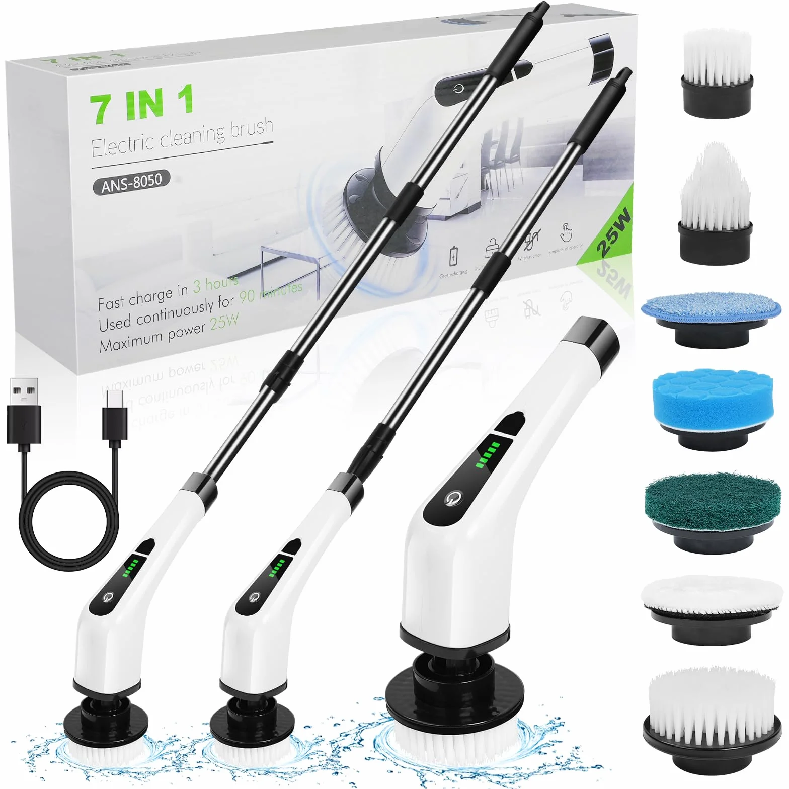 OSDUE Electrique Nettoyage Rotative, Brosse de Nettoyage Electrique, sans Fil avec 7 Têtes Brosse, Remplaçables Poignée d'extension Réglable, pour Salle Bain Cuisine Electric Spin Scrubber