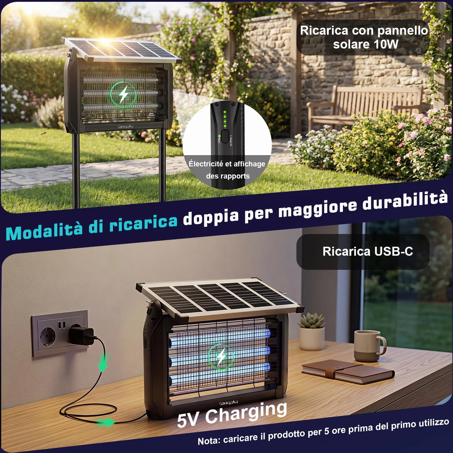 Désinsectiseur Électrique Solaire 10W Extérieur Lampe Anti-Moustiques 4000V UV IPX5 Tue-Moustiques