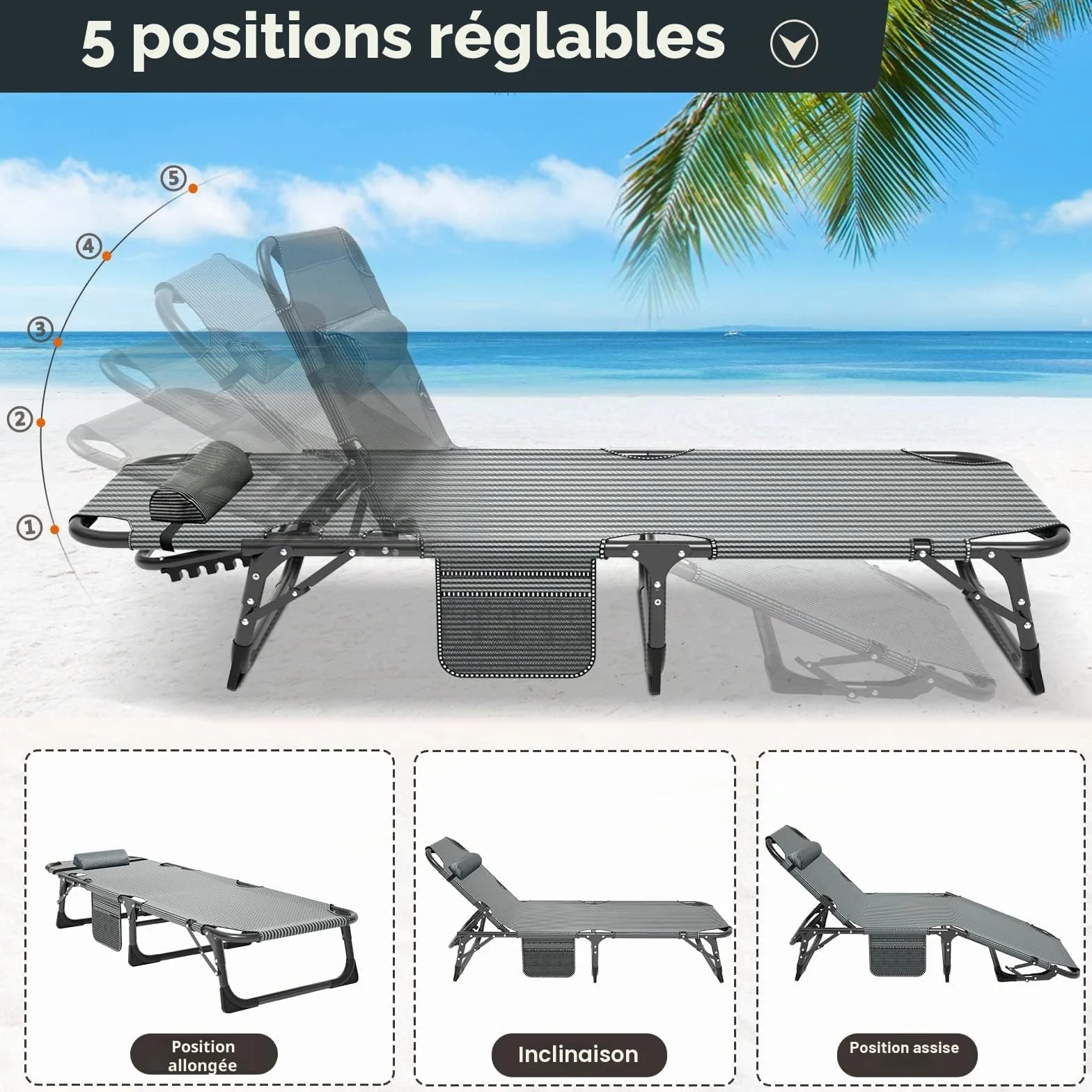 MOPHOTO Chaise Longue Pliante 5 Positions Portable Extérieur Piscine Plage Patio
