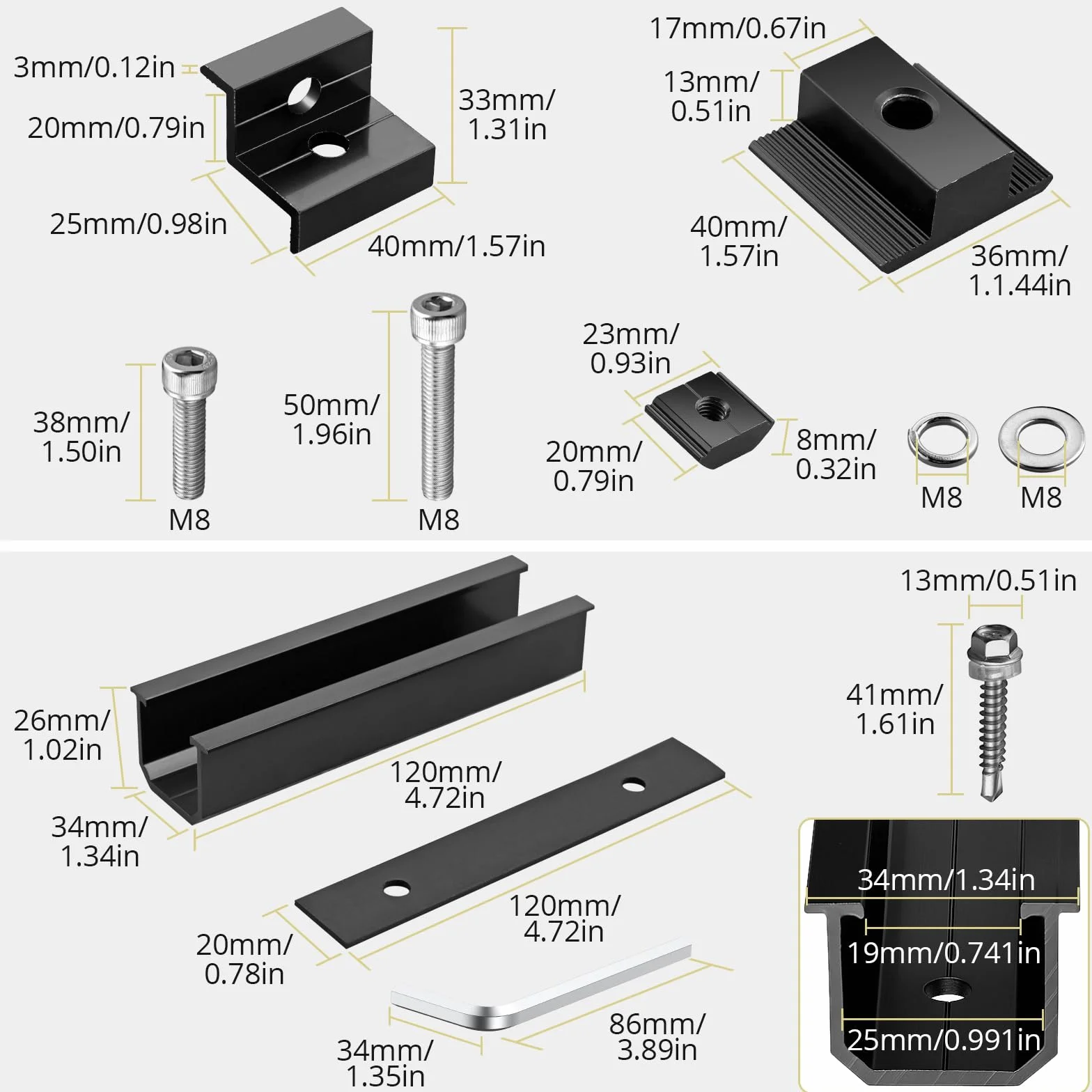 Kit de Fixation pour Panneau Solaire, 10 Rails Courts Aluminium 120mm, 6 Pinces Centrales 30/35mm, 4 Pinces d’Extrémité 30/35mm, 1 Clé de Serrage, Noir