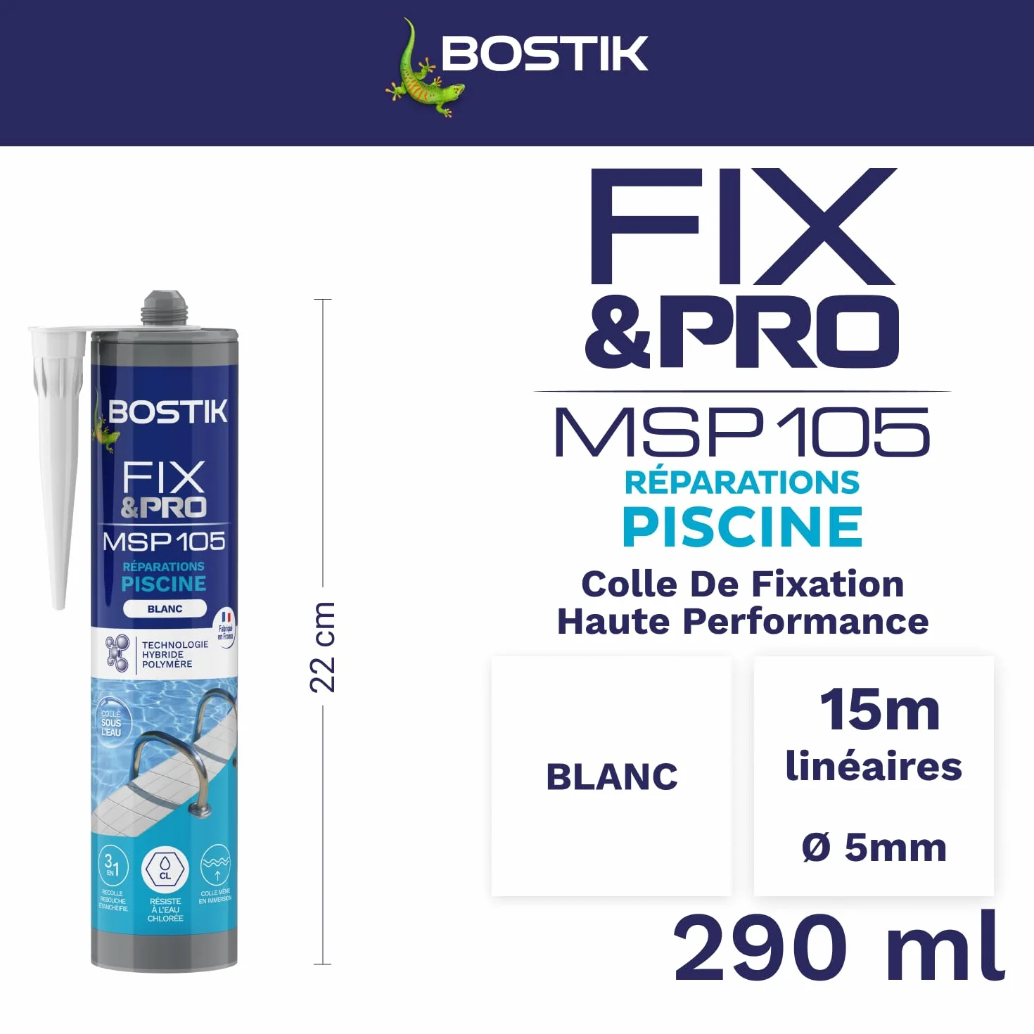Bostik FIX&PRO MSP 105 Réparations Piscine Blanc – Mastic Pour Carrelage, Mosaïque et Pièces à Sceller Piscine – Intérieur/Extérieur – MS Polymère – 290 ml
