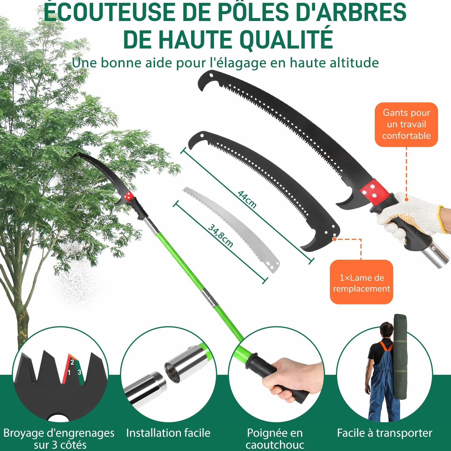 LEADZM Scie à Élaguer Télescopique 2-8 m, avec 8 Poteaux Fibre de Verre - Coupe branche telescopique pour Élagage Palmiers Arbustes, vert