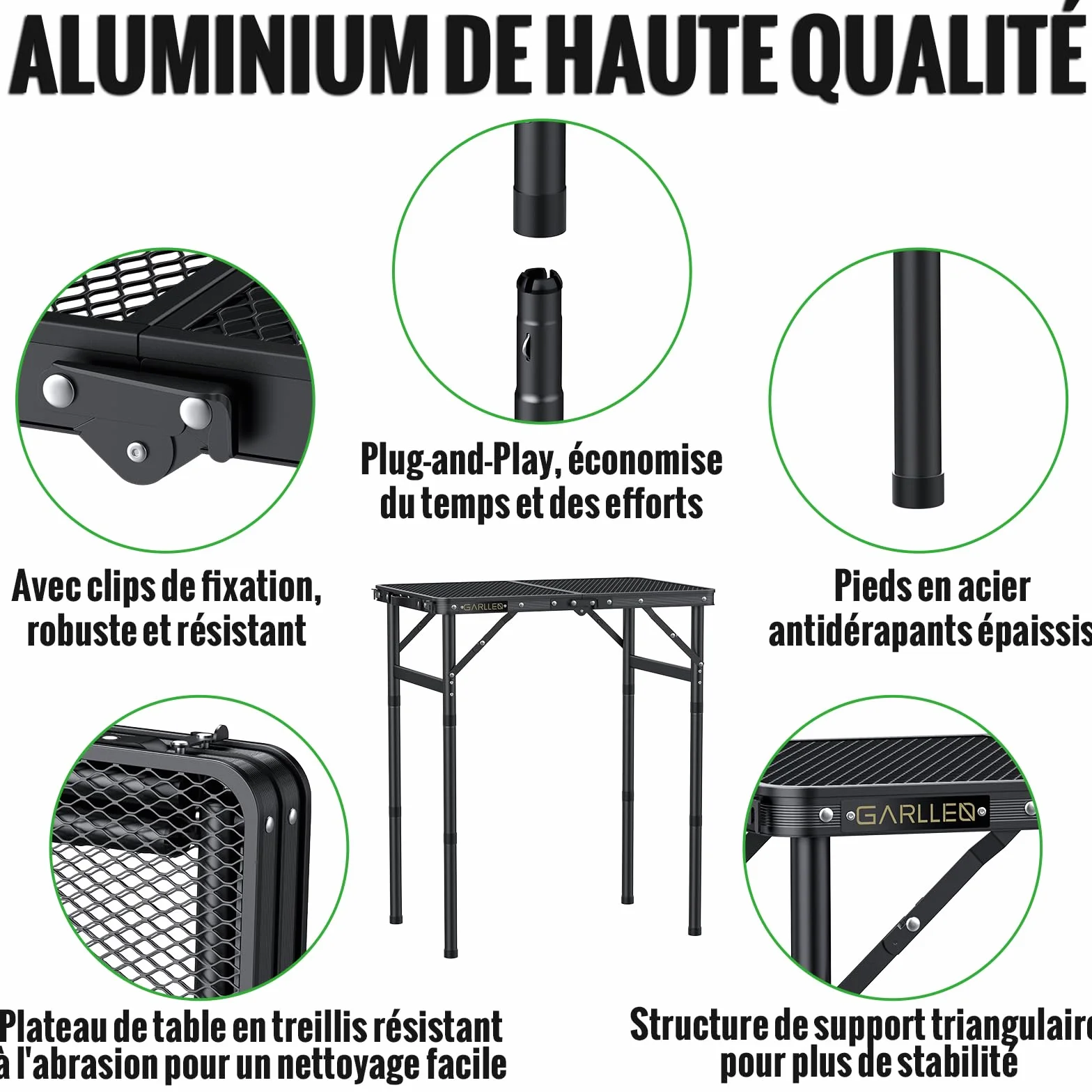 GARLLRN Table de Barbecue Pliante 0,6m 3 Hauteurs Réglables 26/48/70cm Camping Légère Maille Résistante à la Chaleur