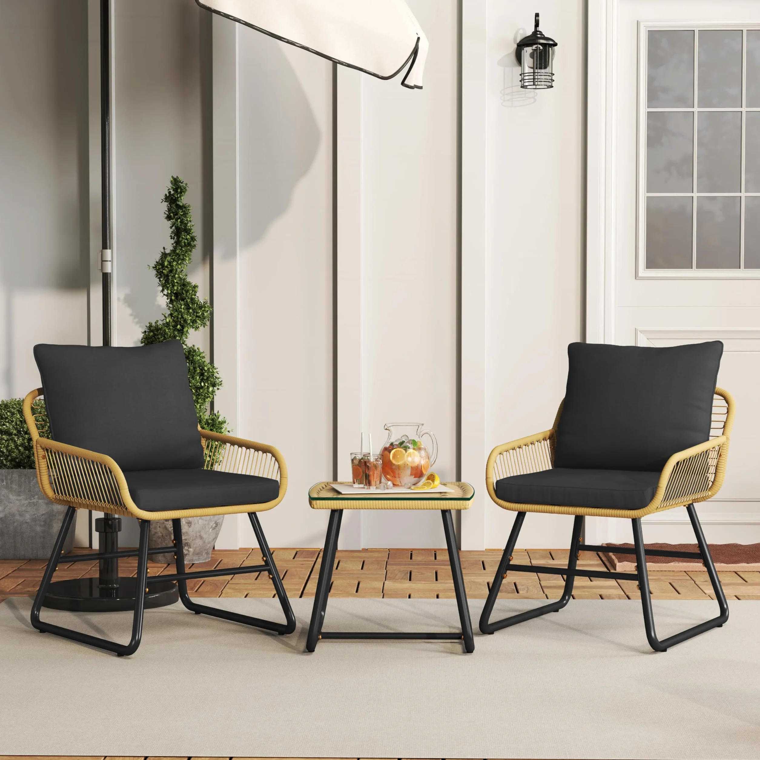 Abician Salon de Jardin Polyrotin 3 Pièces Ensemble 2 Personnes Fauteuils Table Basse Verre Trempé Beige Noir