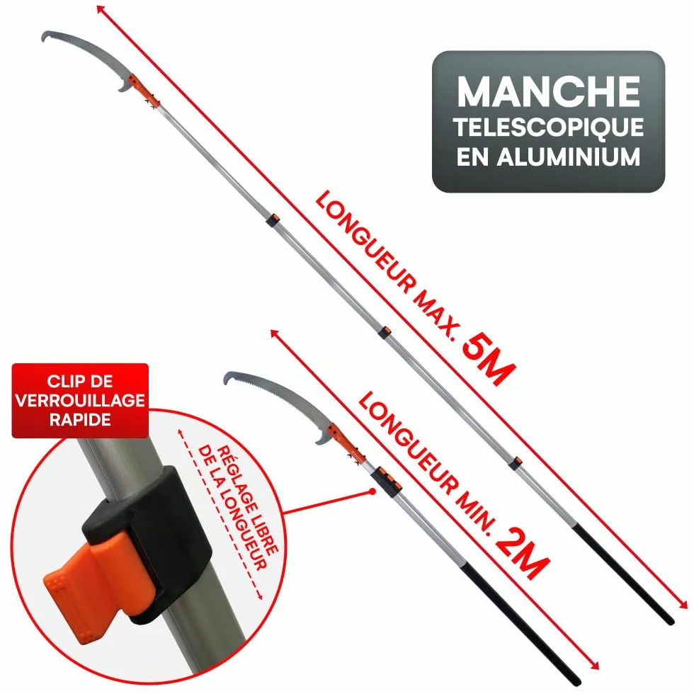 Scie sur perche d'élagage télescopique 2 à 5 mètres - Scie à Élaguer - Manche Aluminium - Légère - Lame Acier Tranchant