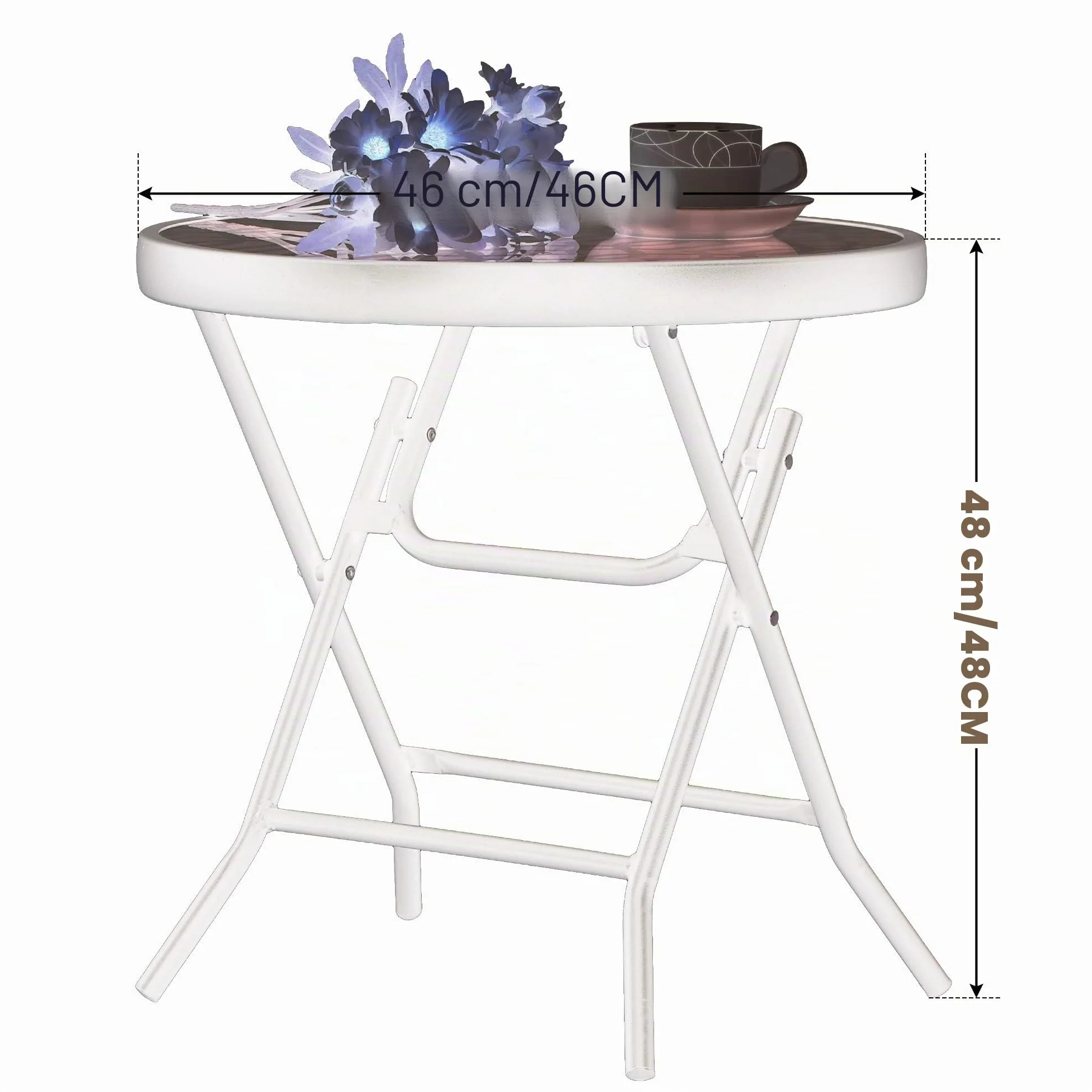 PHI VILLA Table d'appoint Ronde Pliable Verre Métal Petite Table de Balcon résistante aux intempéries