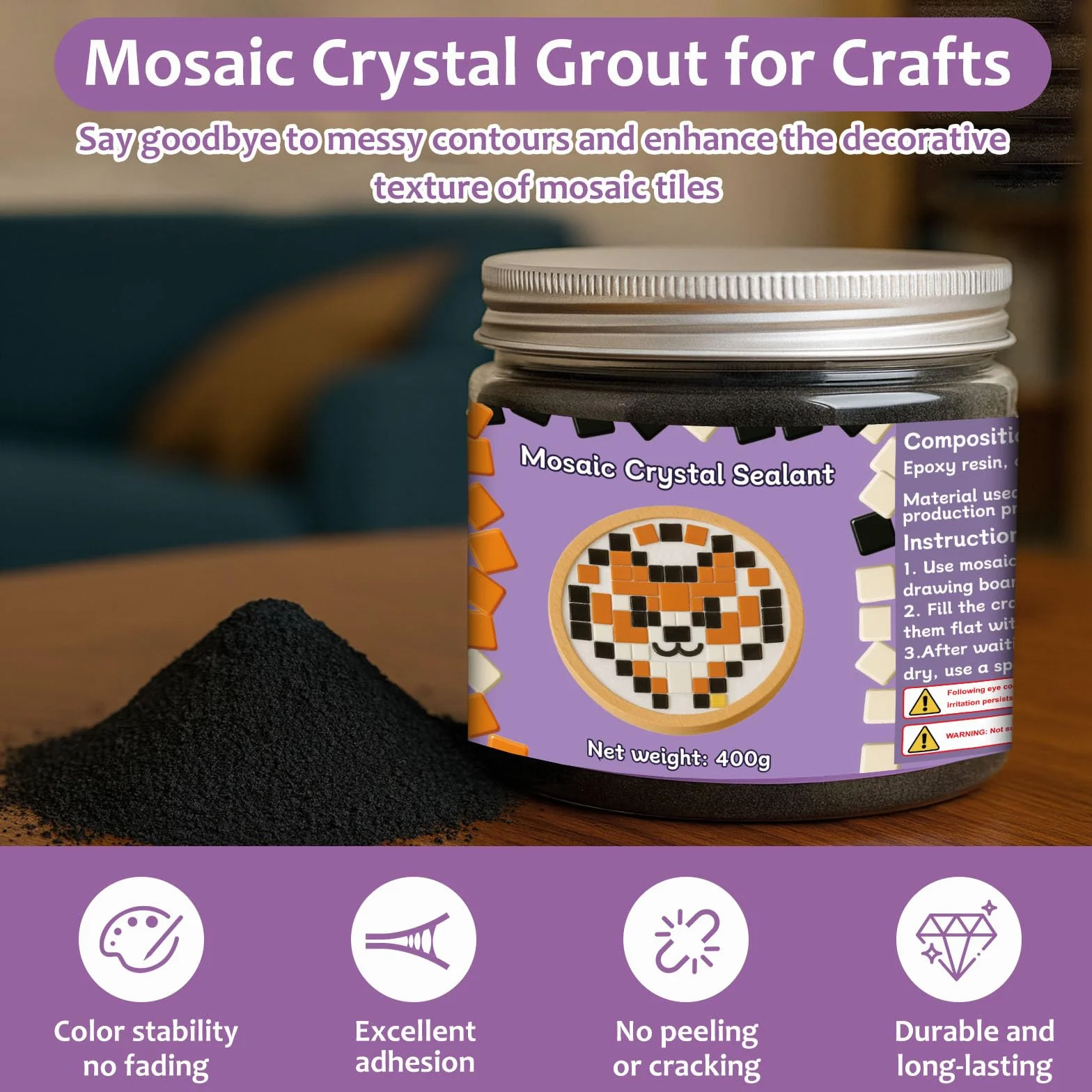 1DFAUL 200 g joint cristal mosaïque pour loisirs créatifs, outils pour mosaïque, contraste de couleur élevé, jointoiement direct, convient aux carreaux de aux projets de bricolage (noir)