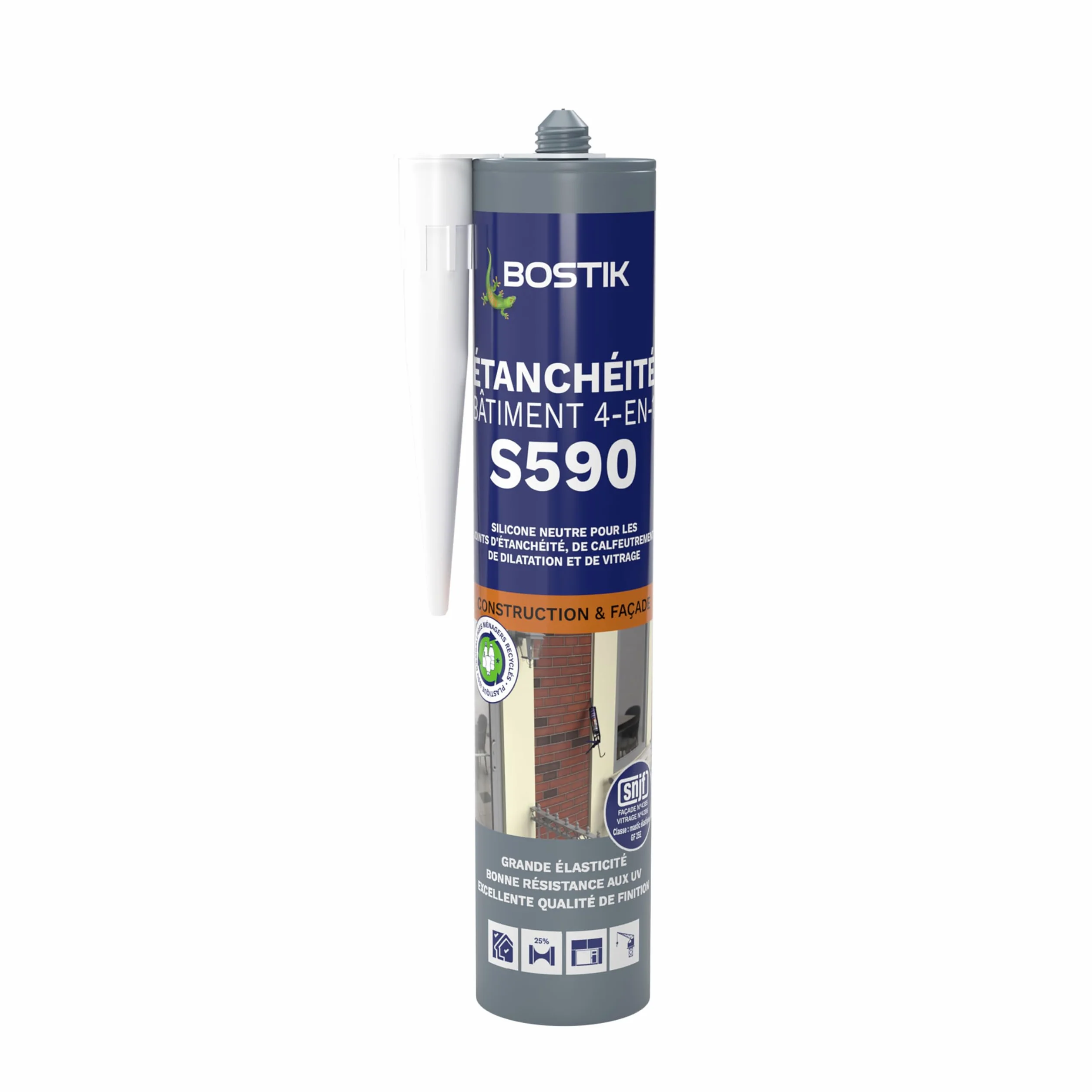 Bostik S590 – Mastic d'Étanchéité Bâtiment 4 en 1 – Intérieur et Extérieur – Joints De Calfeutrement, Dilatation, Façade Et Vitrage – Couleur : Translucide – Cartouche 300 ml