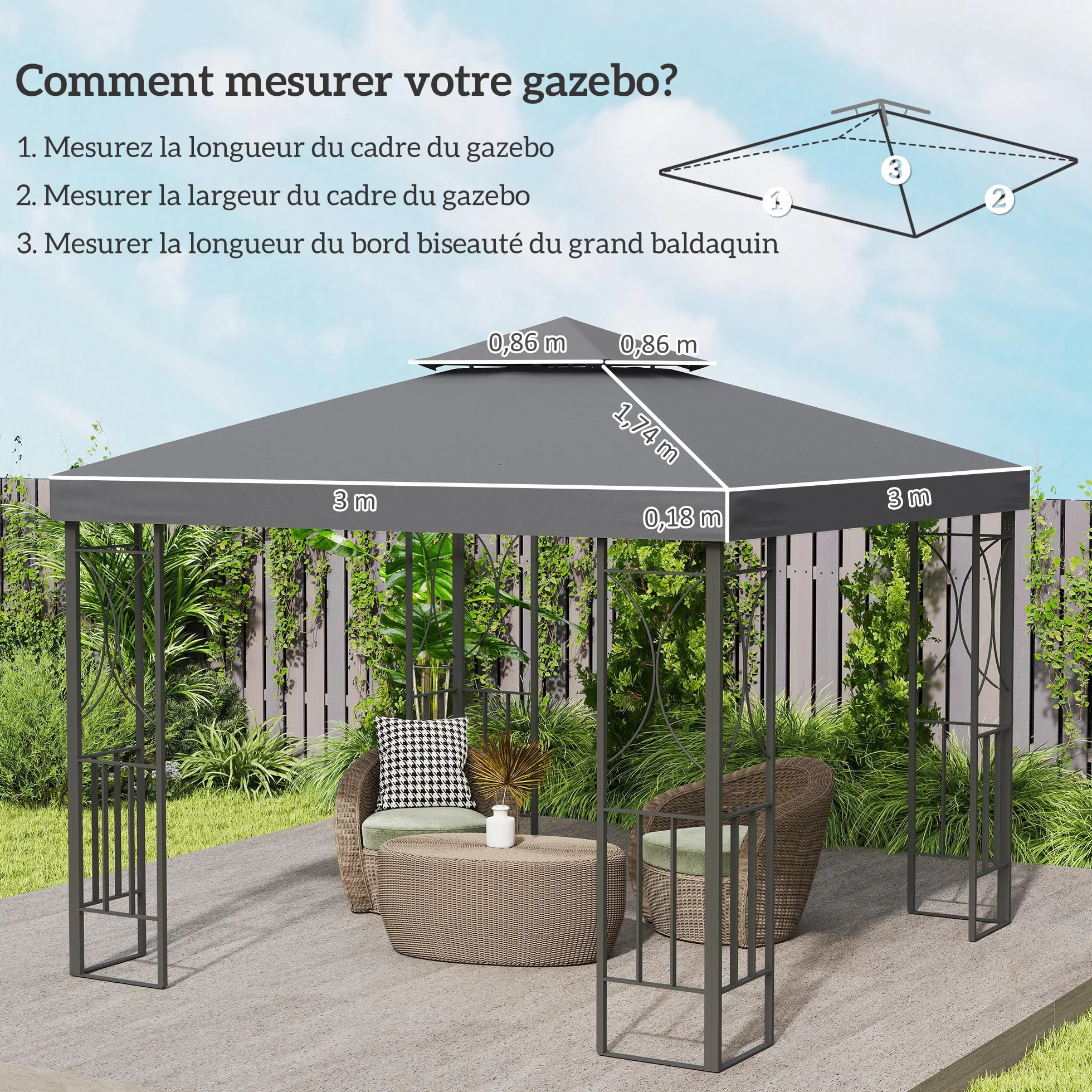 Outsunny Toit de Remplacement pour Pavillon de Jardin 3 x 3 m Gris