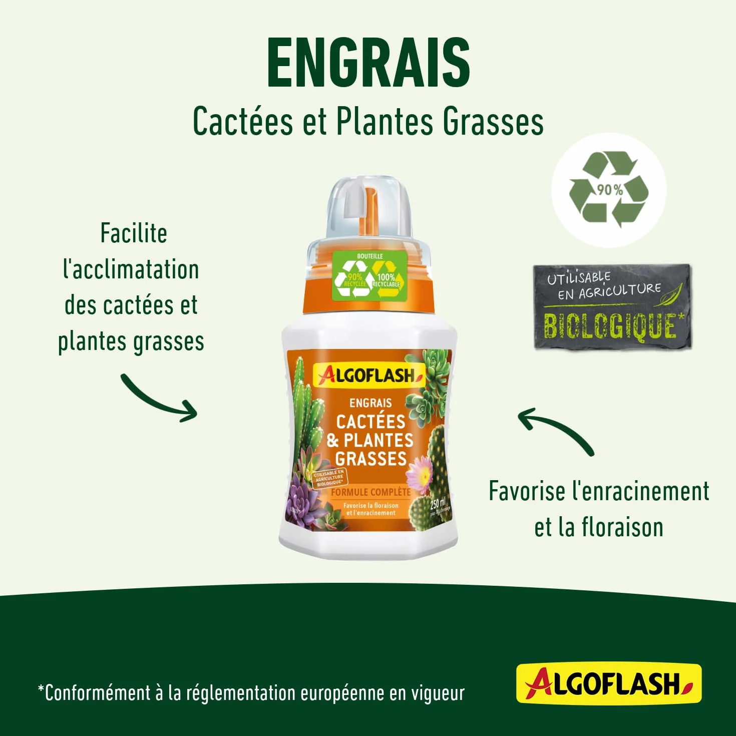 Algoflash Engrais Liquide Cactées et Plantes Grasses 250 ML, Utilisable en Agriculture Biologique