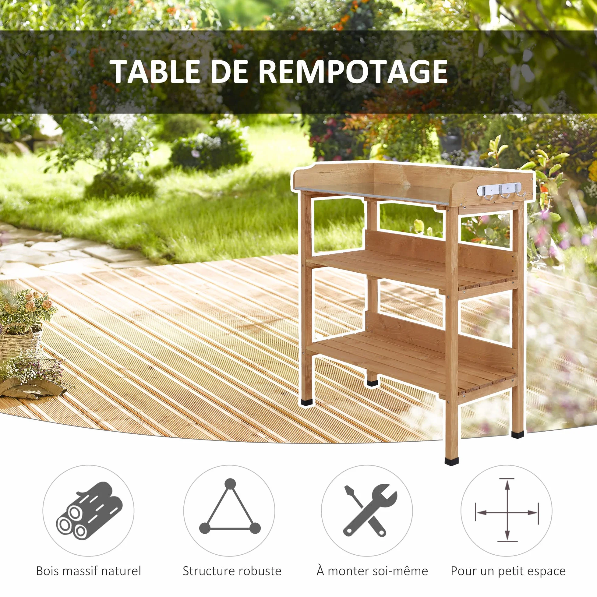 Outsunny Table de rempotage Acier galvanisé Bois Sapin pré-huilé 2 étagères 3 Crochets
