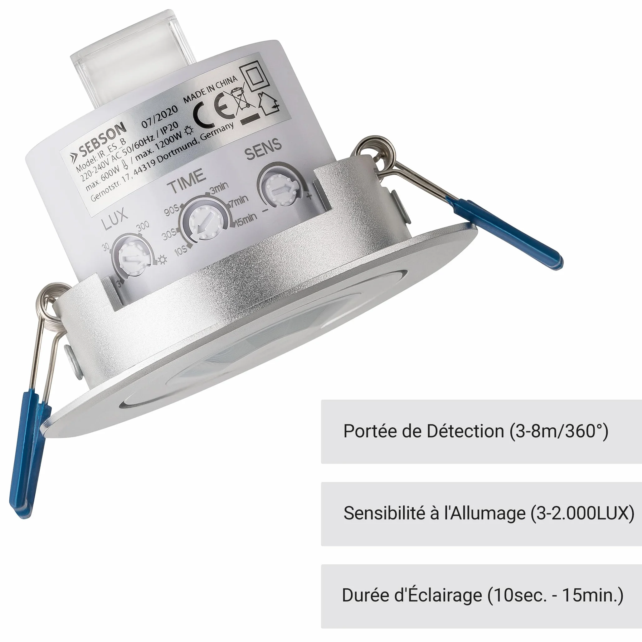 SEBSON Détecteur de Mouvement Intérieur Encastré pour Montage Plafond - programmable, Portée 8m 360°, Compatible LED, orientable, Capteur PIR, 3 Fils