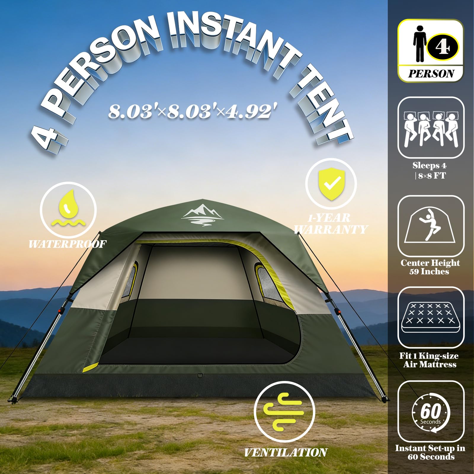 4-Person Instant Setup Waterproof Camping Tent