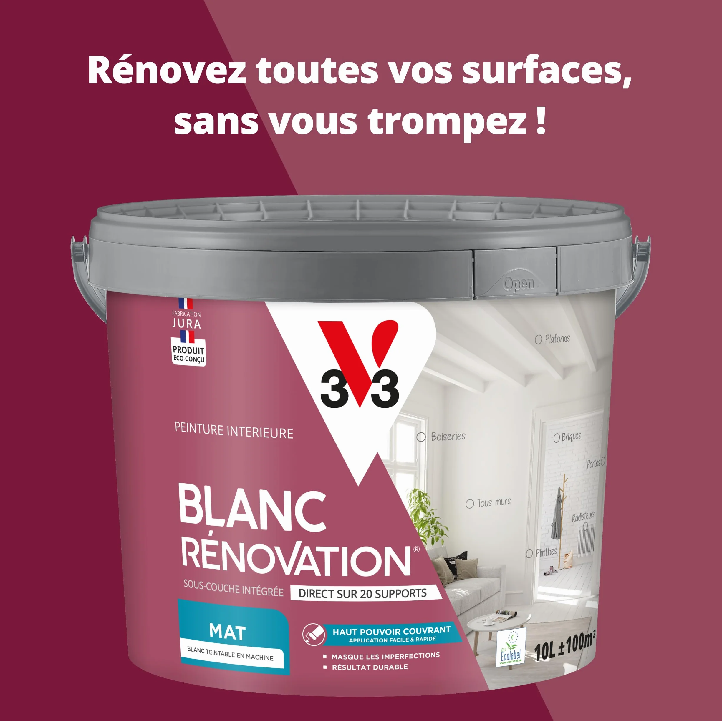 V33 Peinture blanche mur et plafond mat - multi-supports - monocouche - BLANC RENOVATION®, 5L