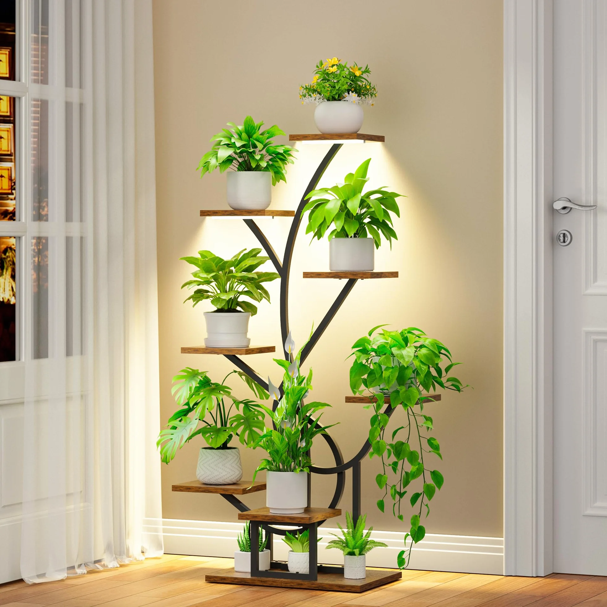 BACEKOLL Support pour plantes avec lumière de croissance 126 cm Métal Bois Noir Étagère à plantes