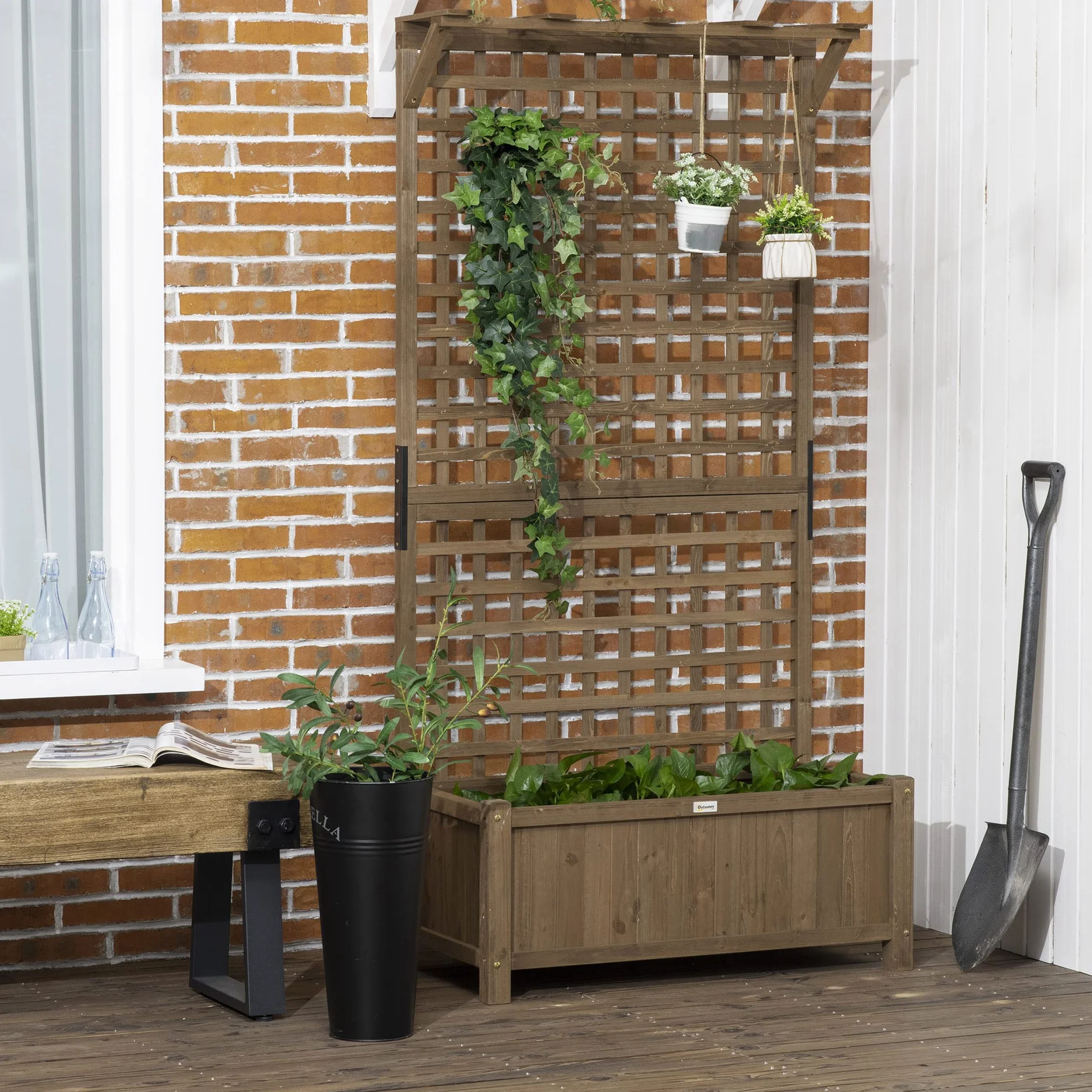 Outsunny Jardinière en Bois Treillis Plantes Grimpantes Plate-Bande Surélevée Trous Drainage