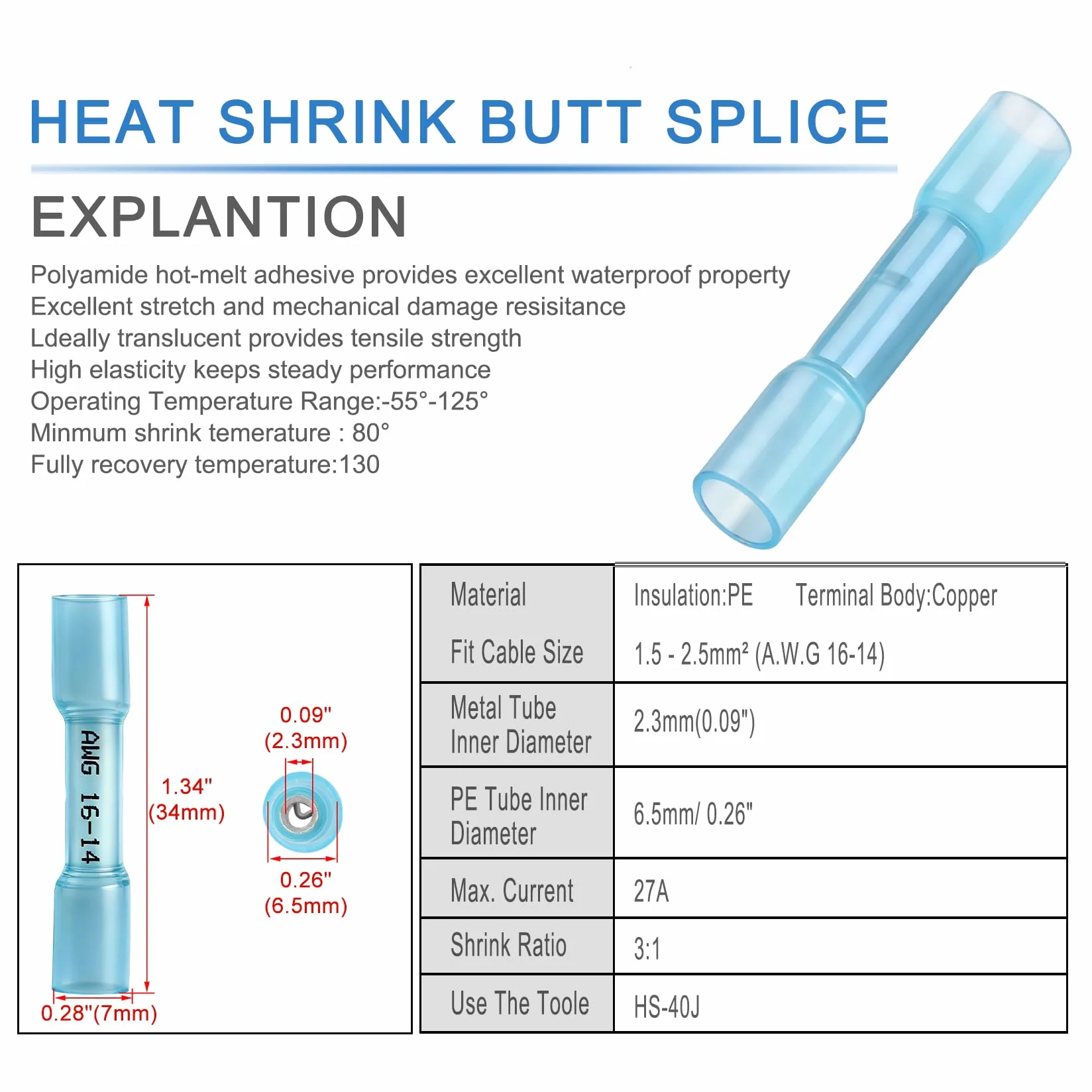 Heschen Lot de 100 connecteurs à sertir isolés thermorétractables BHT2 de 1,5 à 2,5 mm² (16-14 AWG) pour câble électrique Bleu