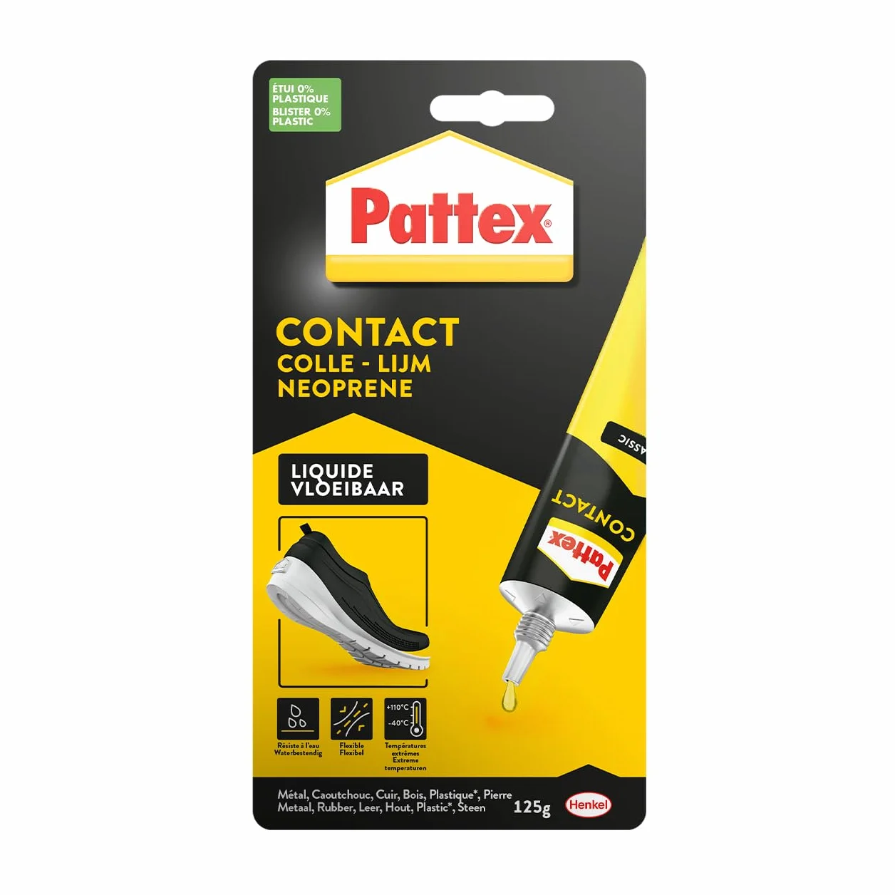 Pattex Colle contact type néoprène- Formule Liquide tous matériaux- tube 125 gr