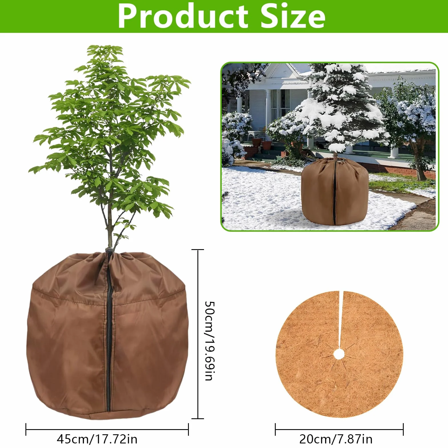 Protection Pot de Fleur Hiver 50x45cm Sac Antigel avec Fermeture Éclair Cordon de Serrage Tapis de Coco Brun