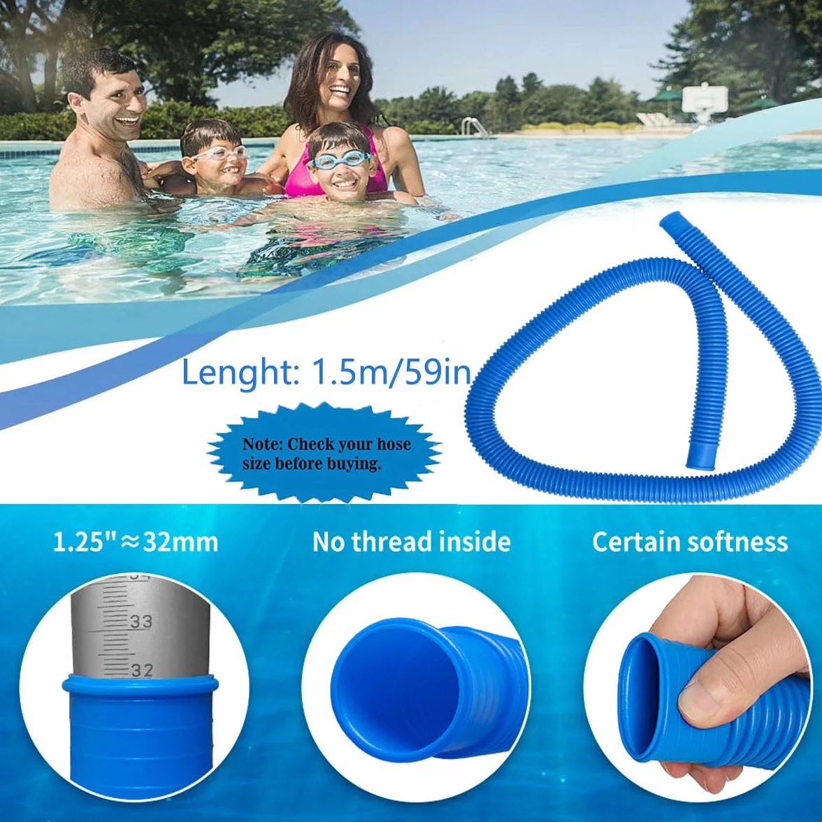 Tuyau Piscine 32mm 1.5m pour Pompe de Piscine Intex 330 530 1000 GPH