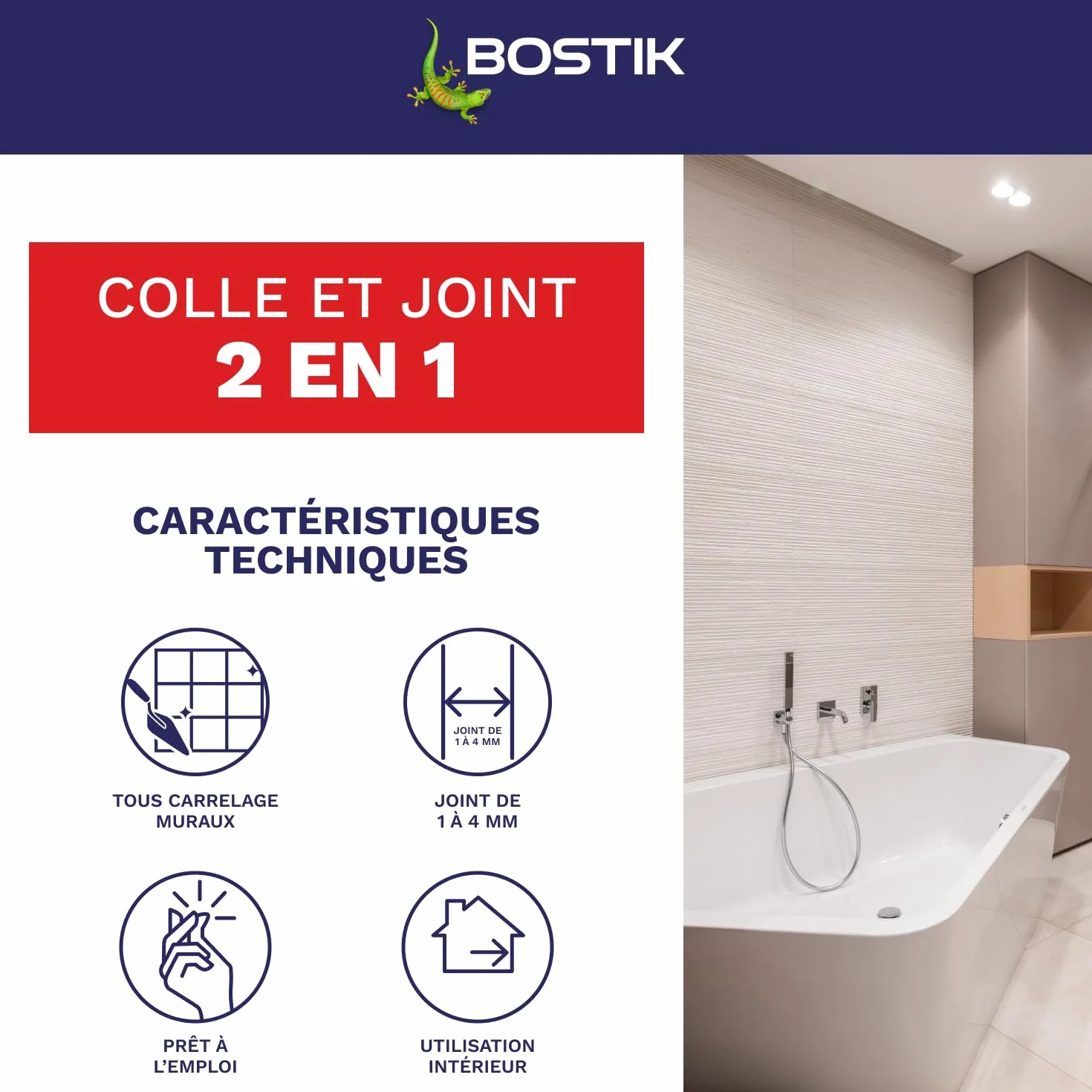 Bostik Colle Pâte et Joint 2 en 1 – Colle Carrelage Mural Améliorée et Joint de Carrelage Prêt à l’Emploi – Idéale pour Cuisine et Salle de Bain – Gris – Seau de 1,5 kg