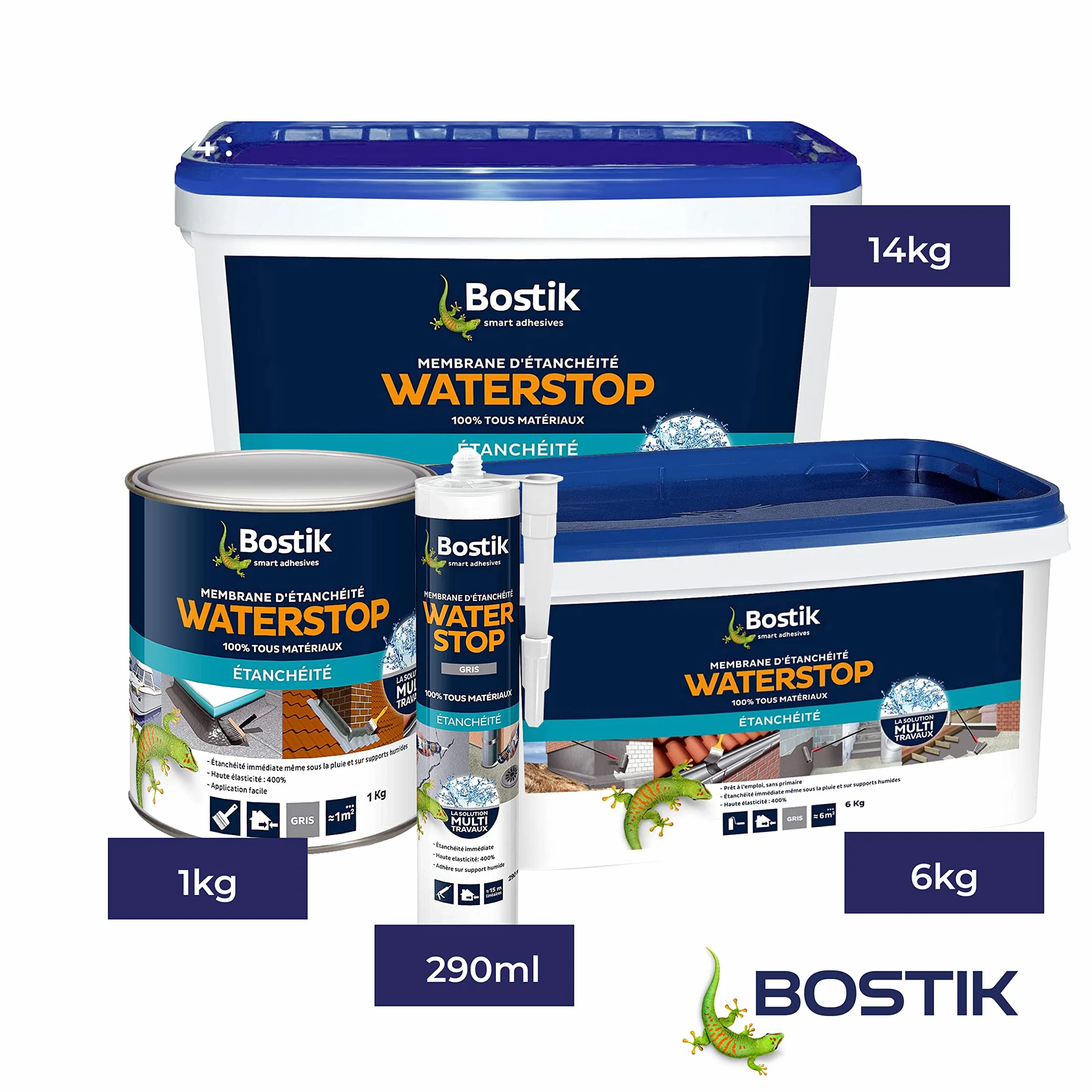 Bostik Waterstop Gris 1 kg – Membrane d’Étanchéité Toiture, Gouttières & Murs – Répare Fuites, Infiltrations & Fissures – Résistant UV & Intempéries