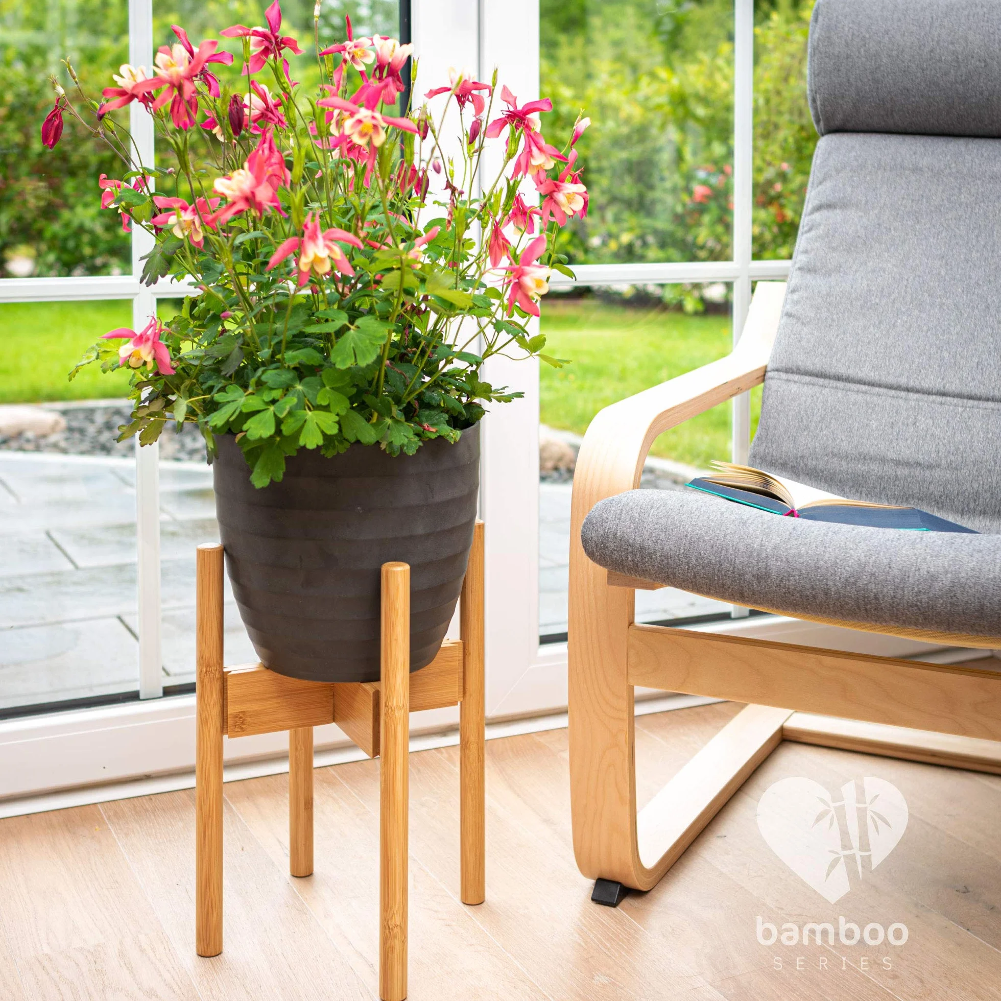 Rubberneck Support de Plantes en Bambou Réglable pour Pots de Fleurs Intérieur Extérieur Beige