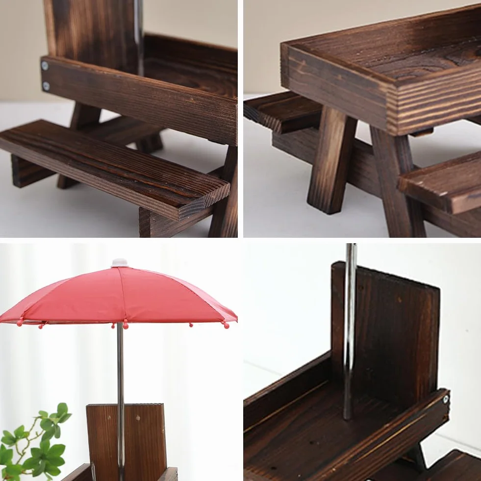 Mangeoire pour Écureuils en Bois avec Parasol et Banc, 18x21x18cm Marron