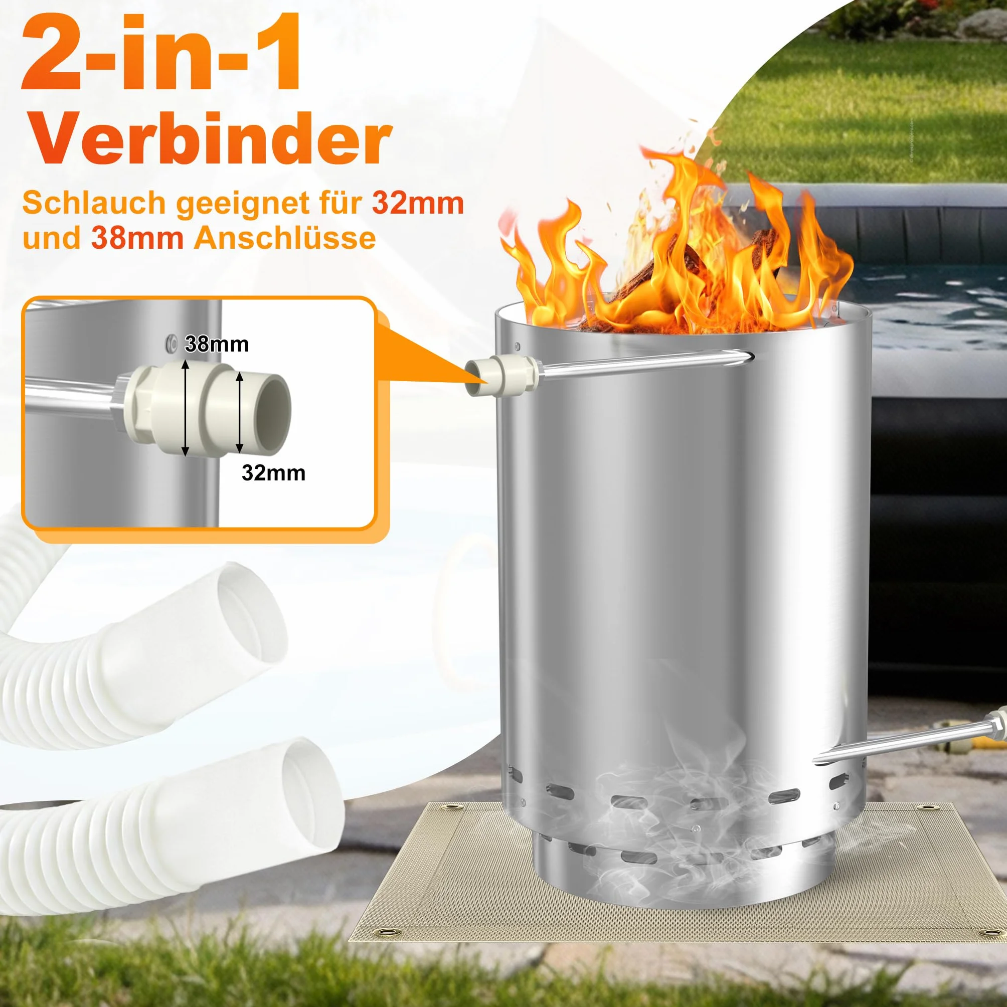 HENGMEI Poêle à bois chauffage piscine acier inoxydable 32/38 mm 30 cm x 45 cm