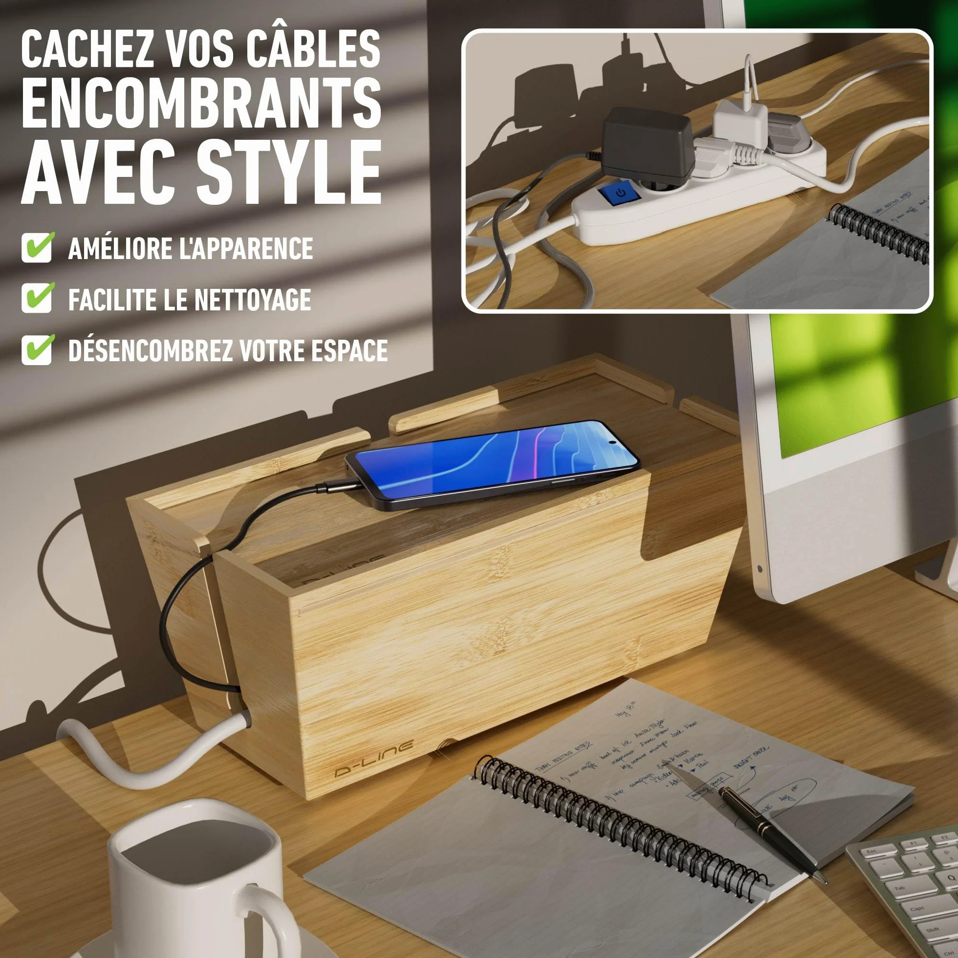 D-Line Boîte à Câbles en Bambou | Boîte de Rangement Naturelle pour Multiprises et Fils | Organiseur Écologique avec Couvercle Coulissant | Solution Élégante pour Cacher Les Câbles