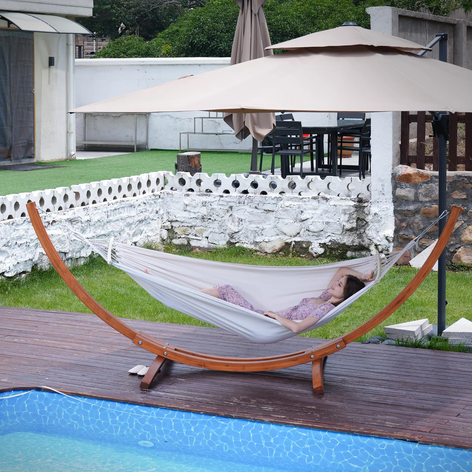 Hamac avec Support en Bois 2 Hamacs Inclus 200 kg 320×120×120 cm Ajustable Jardin Terrasse Balcon