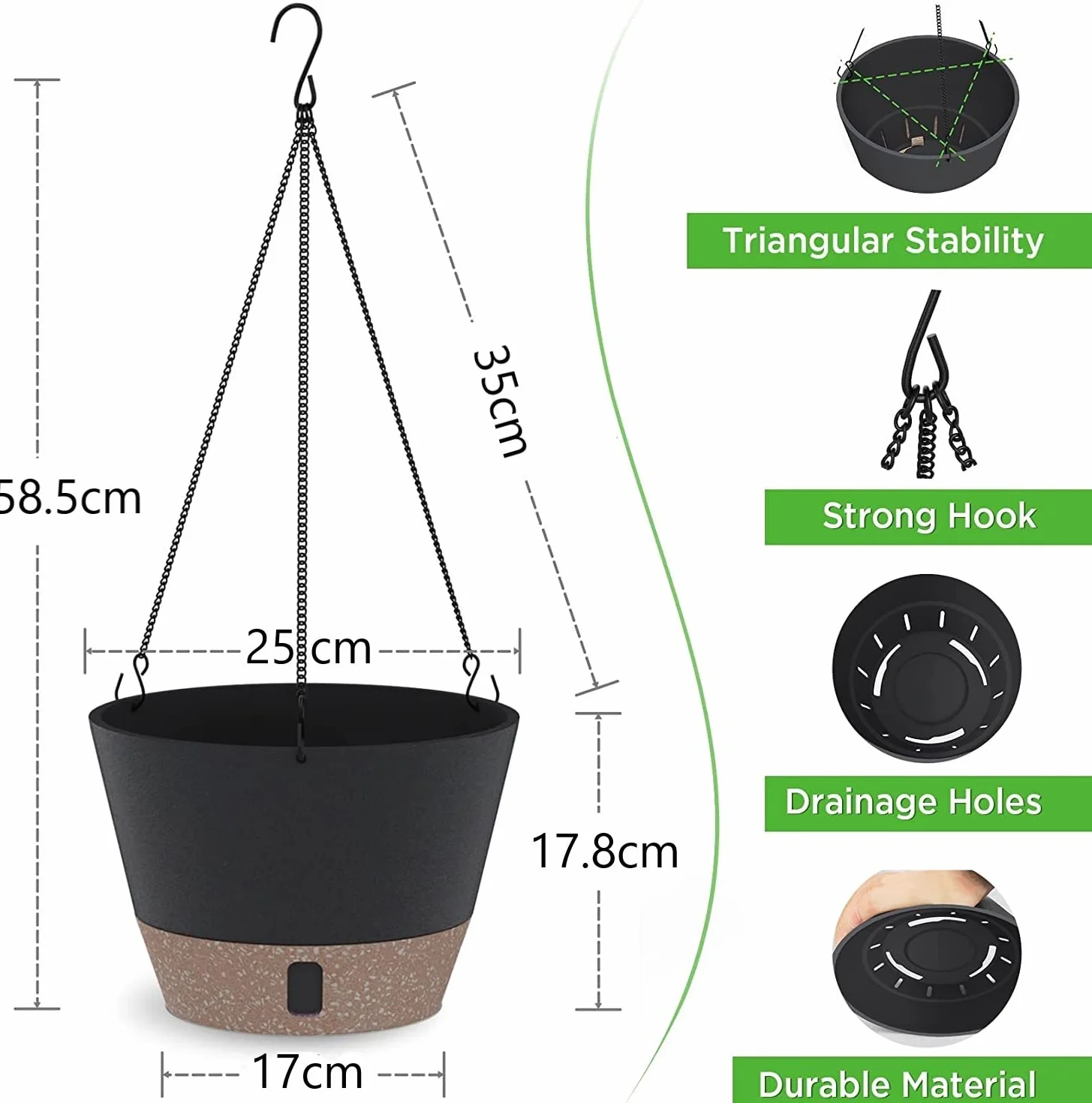 LATERN 3 Pièces Pot de Fleurs Suspendu en Plastique 25cm Arrosage Automatique avec Plateau de Niveau d'Eau Visible