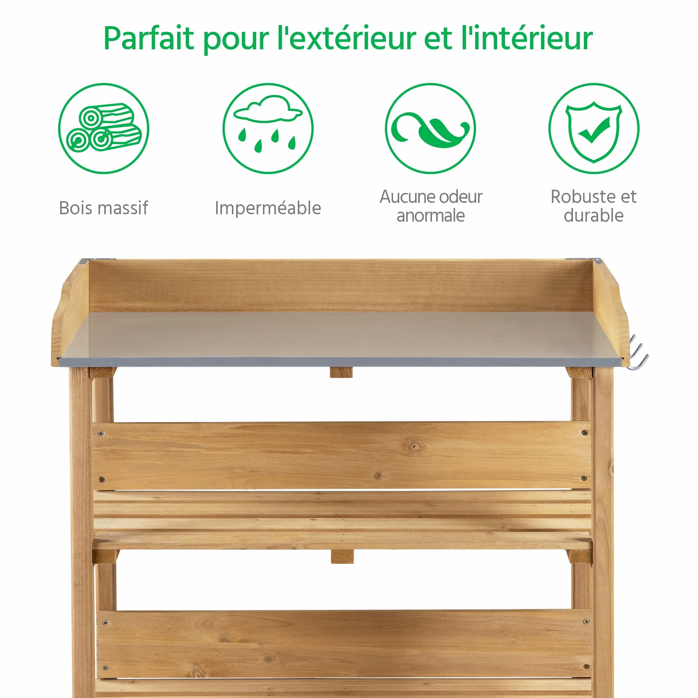 Yaheetech Table de Rempotage Extérieure en Bois Sapin avec Étagère de Rangement 3 Crochets