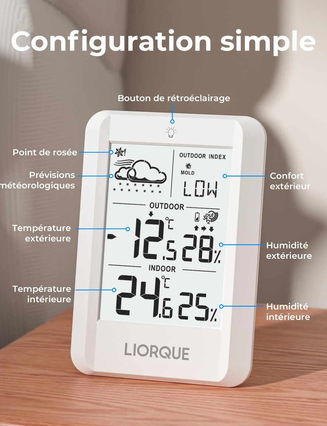 LIORQUE Station Meteo Interieur Exterieur Sans Fil, Thermometre Hygrometre Capteur IPX4, Portee 100m, Piles Incluses