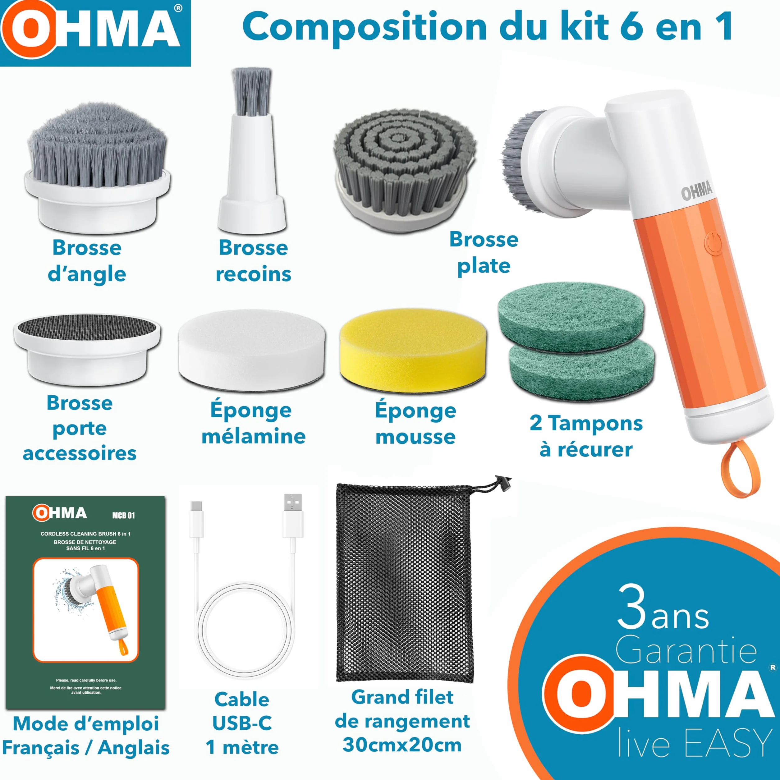 OHMA Brosse Électrique Rotative – 6 Têtes – Jusqu'à 2h30 d'Autonomie – Joints, Carrelage, Douche, Salle de Bain, Cuisine – Étanche IPX7 – USB-C – Garantie 3 Ans