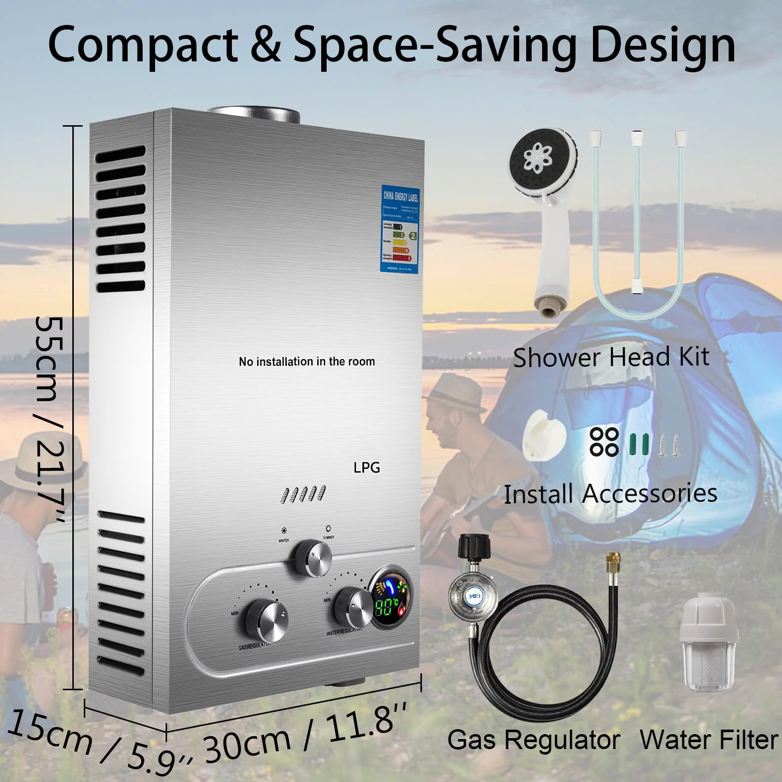 Chauffe-eau à Gaz 12LPM 24KW Inoxydable Pression d'eau Ultra basse Camping-car