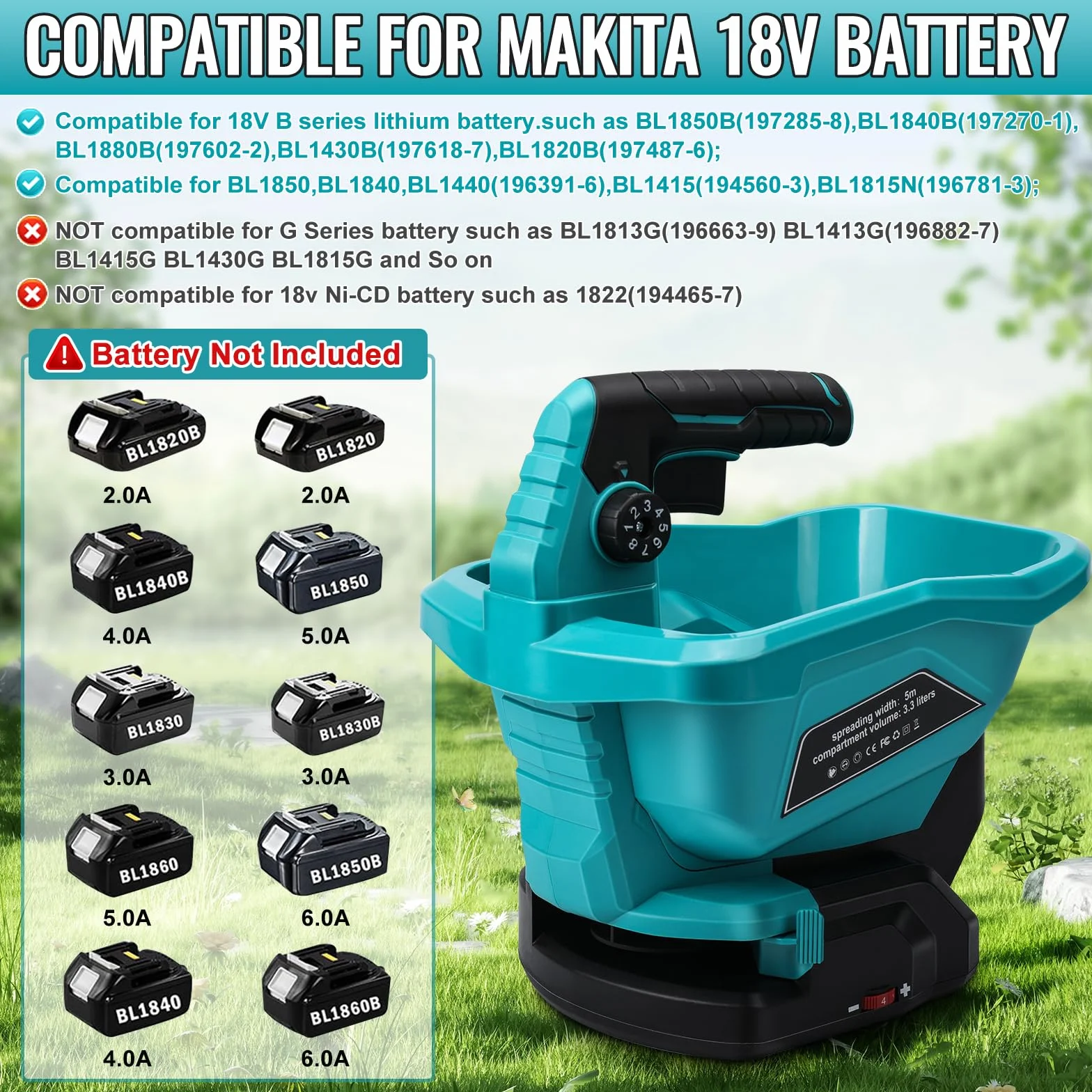 Makita 18 V Épandeur d'engrais Portable 3,7 L Réglage de Vitesse 6 étapes Couvert 800 m²