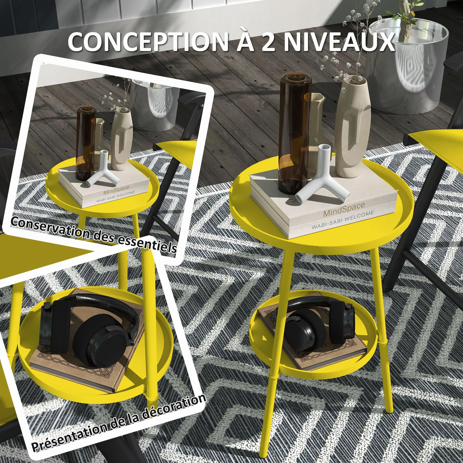 Outsunny Petite Table d'appoint Ronde à 2 Niveaux, Table de Jardin, en métal, Jaune