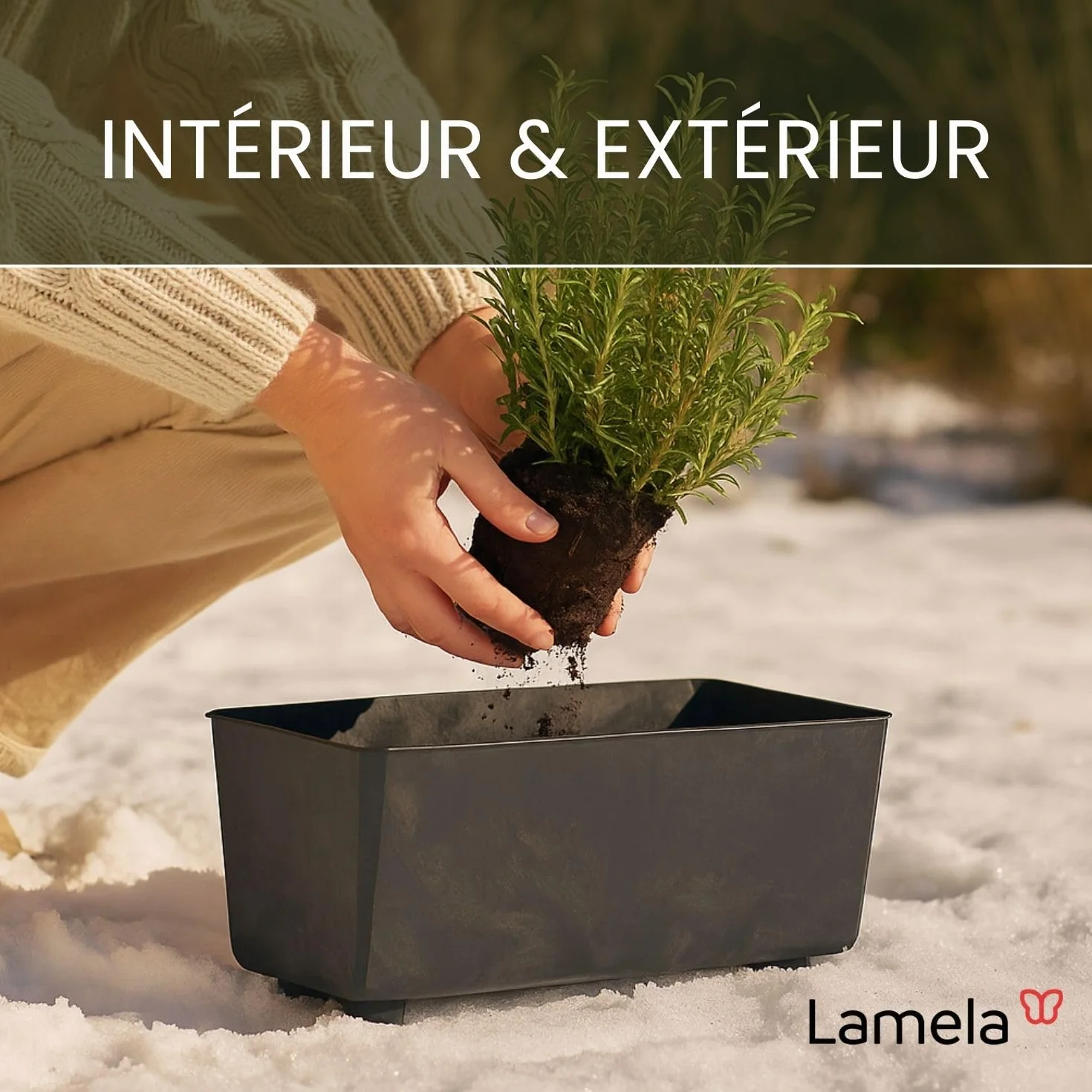 LAMELA Jardinière Rectangulaire Noir Aspect Béton 28,5 x 17 cm 4,2L Plastique Robuste Résistant Aux Intempéries